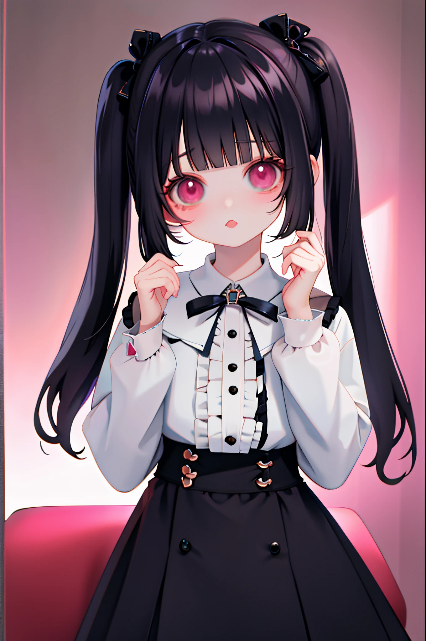 Masterpiece, best quality, high quality, ultra detailed, cowboy shot, 1girl, blunt bangs, hime cut, twin-tails, black hair, black eyes, jirai-kei, jirai fashion, lots of earring, expressionless