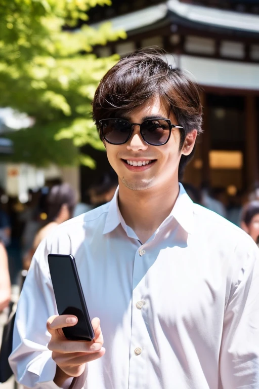Handsome Japanese 22-year-old man holding a smartphone in his hand,White collar shirt,a smile,Japanese people wearing sunglasses