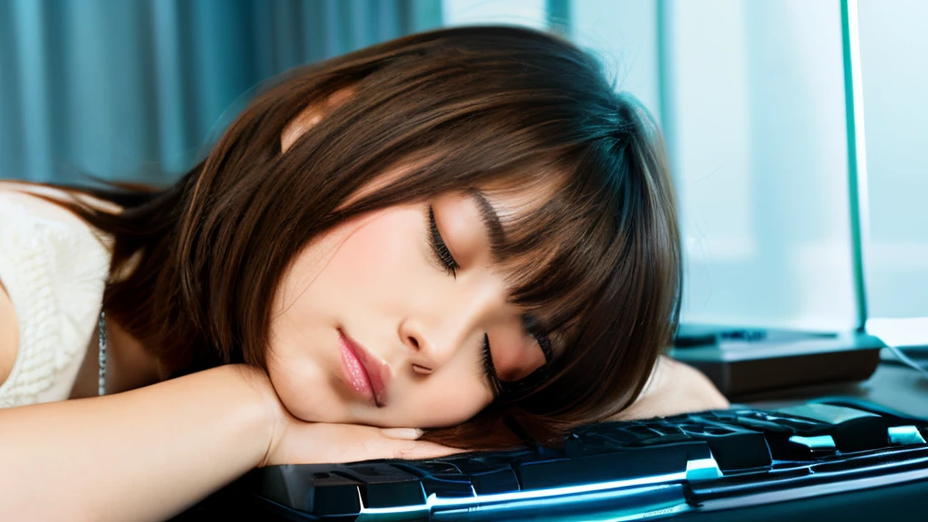 Female, 30 years old, brown hair, thick bangs, straight hair, short hair, sleeping with her head on the computer keyboard