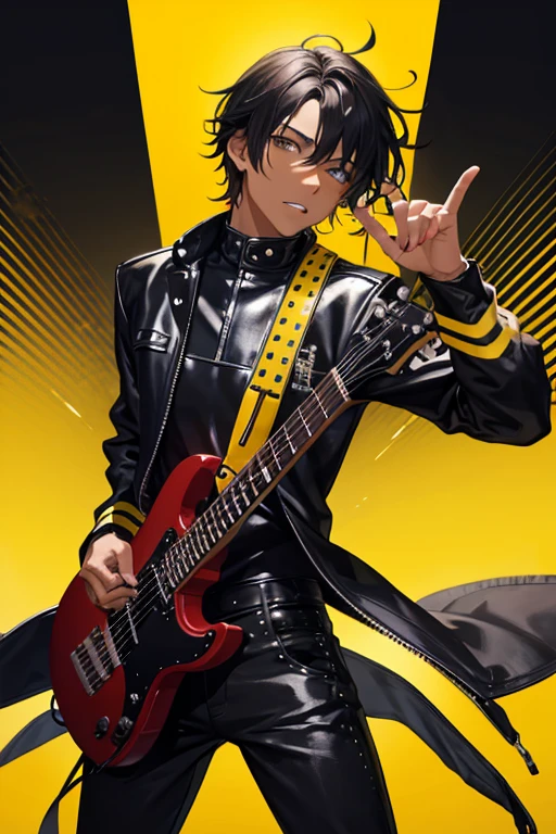 Male Rocker, black skin, yellow outfit, yellow background