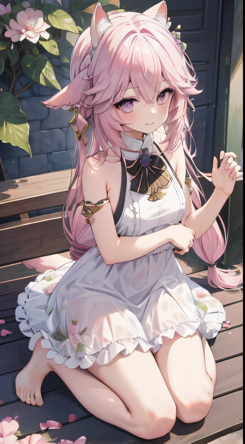 Full body photo,one-girl,meet,Bare legged，Barefoot，Watercolor style，Cat style,Public area display,sliver long hair,lightblue hair,Light pink hairstyle，Cat ears，a pink eyes，Lolita prostitute，meia blanca，Pink bow,mouth open smile,ligation bracelet,Superior image quality,Best quality at best