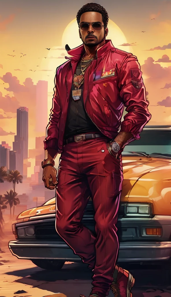 Maurinho in gta style, standing in front of his car, in Miami