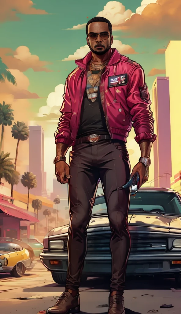 Maurinho in gta style, standing in front of his car, in Miami