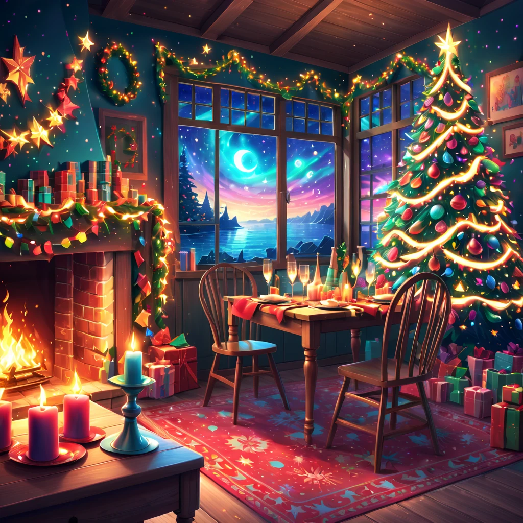 ((Best quality, 8K, A high resolution, tmasterpiece:1.2), ultra - detailed, (actual, realistically:1.37), Vibrant colors, Magical atmosphere, Whimsical, ((room full of stars,The stars shine)),((Vector illustration style)), The room is decorated with a strong Christmas atmosphere. A string of shining colored lights hangs on the wall, Christmas wreath and little snowman on the windowsill, In the corner of the room stands a beautifully decorated Christmas tree. On a table, There are beautiful cutlery and red plates. In the center of the table, Have a sumptuous Christmas feast, Next to it is a bottle of red wine and two exquisite wine glasses. (((A male and female couple wearing Christmas costumes cuddling together))), Smiling and looking at each other,Eyes full of happiness and warmth. There are several scented candles lit in the room, It exudes a faint fragrance. Warm fire burning in the fireplace, Brings warmth and comfort to the entire room, Surreal, Psychedelic, Complicated details, Beautiful texture, Ethereal, like a dream, Soft glowing light, Charming Patterns, Fantasy creatures, Hidden surprises, dreamlike landscapes, Surreal color palette, Mystic aura, hyper realisitc, Enchanting journey, psychedelic trip, vivid imagination, immersive experience, Mysterious Christmas, otherworldly charm, glowing paths, Light up a magical Christmas, surreal sky, Whimsical themed festivals, a magical encounter, Fascinating artwork, Elegantly against a celestial background of epic trance waves, Moonlight is ethereal and vibrant, fantasy broken glass tones, Draw multiple strong exposure effects, matte painting photo painting, Stunningly superior clarity and unparalleled clarity, Stunning details that seem almost unrealistic, Stunning details that are extremely captivating, Stroke technique,Exquisite details,Very unreal, Amazing brushstroke skills, Exquisite details are unrealistic, Gel ink craft dark teal multicolor, Crazy beautiful light, Add eye-catching high-contrast scenes, Overall stunning and beautiful, The entire process was very accurate and detailed, (Medieval Ninja Inspired Gouache Masterpiece:1.1), crazy glowing hair, (Mysterious sci-fi paint:1.1),