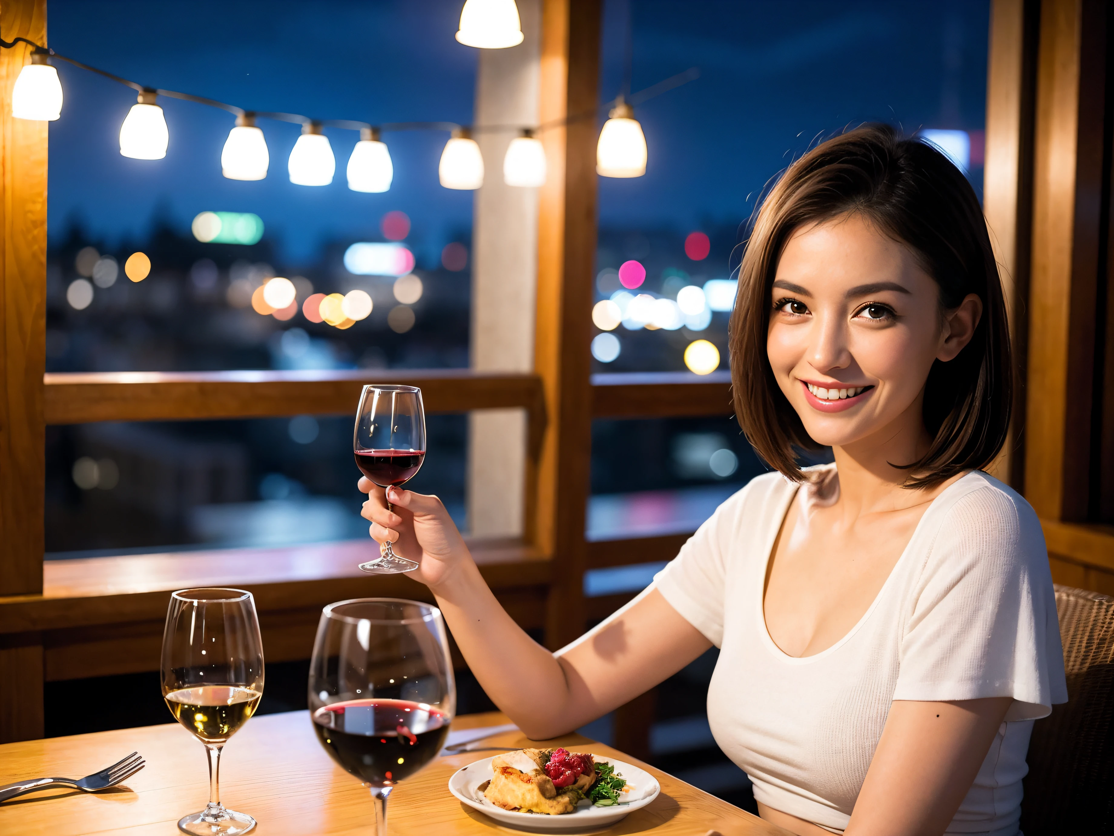 (64k uhd, nffsw, of the highest quality, masutepiece: 1.2), (Realistic, Photorealistic: 1.37), 1 pretty woman, (Slim Face), (Slim body), (Brown hair), (short-cut), cheeks blush a little, (42 year old), 38 years, Frenchman、Italian woman, A beautiful and detailed night view spreads out outside the window..., restaurant, Sitting in a wine glass, Night, In a prominent place (from waist up) NovaFrogStyle, actress, Model, waist-up, white wine, slim, wine glasses, Super clean night view, Wine glass placed in the middle, Happy smile, (Smile: 1.15), Beautiful fine eyes, Upper body, Bust Japan Up, Night, Short, Short, actress, Model, waist-up, white wine, slim, wine glasses, Super clean night view, Wine glass placed in the middle, Happy smile,