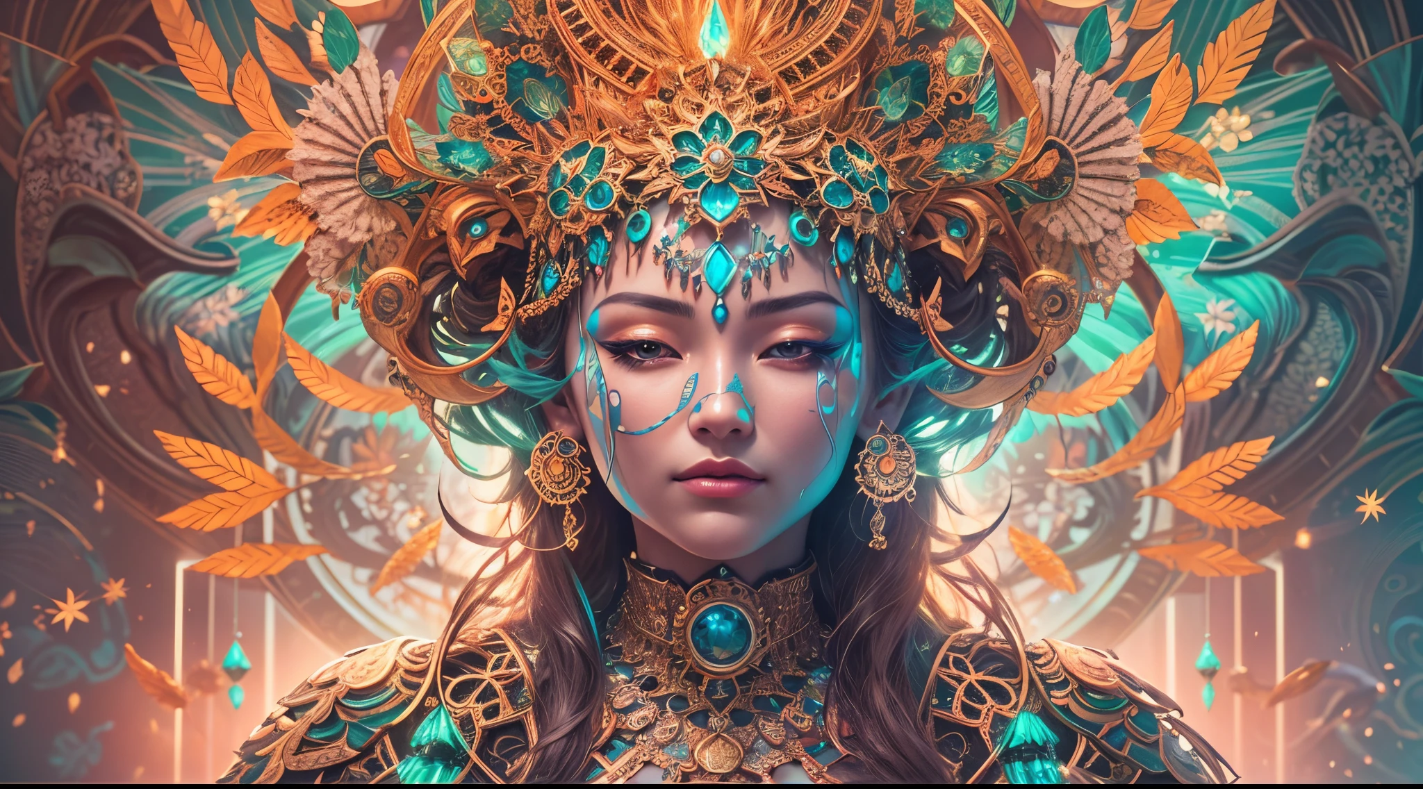 Incredibly vivid, the solarpunk AI deity manifests in striking detail: a digital anime creation combining elements of technology and nature. This captivating image, presented as a digital artwork, showcases a deity-like figure with glowing neon circuits seamlessly integrated into blooming flowers and shimmering leaves. The iridescent metallic skin gleams with a celestial radiance, while intricate fractal patterns pulsate across its serene face. The artwork's impeccable rendering and attention to detail bring this deity to life in a hyper-realistic manner, captivating viewers with its harmonious fusion of futuristic aesthetics and the beauty of the natural world