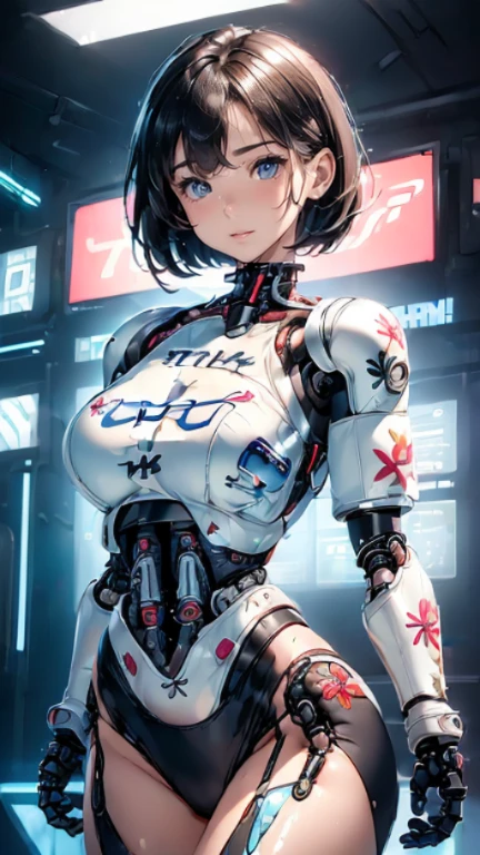 ((1girl in:1.5),(Embroidered cybernetic body:1.5),Large full-breasted mechanical chest armor:1.5)),(Highest image quality, excellent details, Ultra-high resolution, (Realism: 1.4), The best illustrations, favor details, One girl highly condensed,(presence:1.5),(Dynamic:1.5),(Bold:1.5)),(Thin hair:1.8), (Shorthair:1.7), (very light coppery amber hair),((Hair over one eye:1.2)),riding on motorcycle,the background is a high-tech lighting scene of the futuristic city