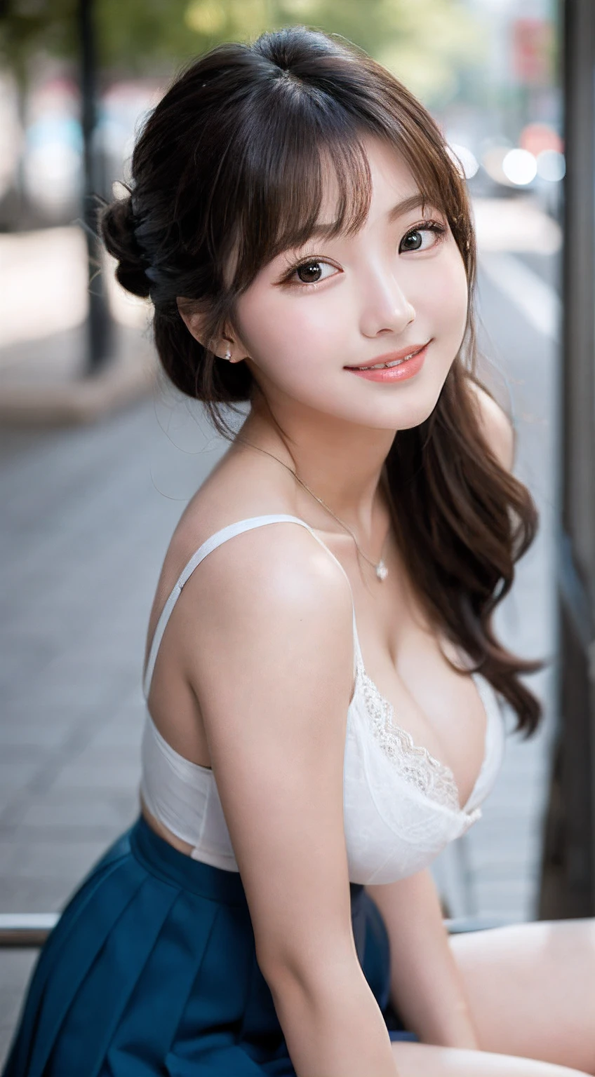 Best Quality Detail:1.2, realisitic, 8K UHD, hight resolution, 1girl in:1.2, The ultra-detailliert, High quality textures, intricate detailes, detaileds, High quality shadows, Detail Beautiful delicate face, Detail Beautiful delicate eyes, depth of fields, Ray traching,photos realistic (1 Cute Korean Idol ) poneyTail、Thin makeup, 32 inch breast size, Close-up portrait, nffsw、Punk Girl、Pendants,cleavage of the breast、huge-breasted、FULL BODYSHOT、beauty legeautiful legs、16-year-old schoolgirl、She's looking at this、(Super beautiful girl:1.5)、(A detailed face)、 face、Bare legs、(School uniform)、cleavage of the breast、Have cleavage、thighs thighs thighs thighs、looking at viewert、Nasty eyes、looking at viewert、full body Esbian、Nasty eyes、Raw feet、Random Poses、In the middle of a date、a smile