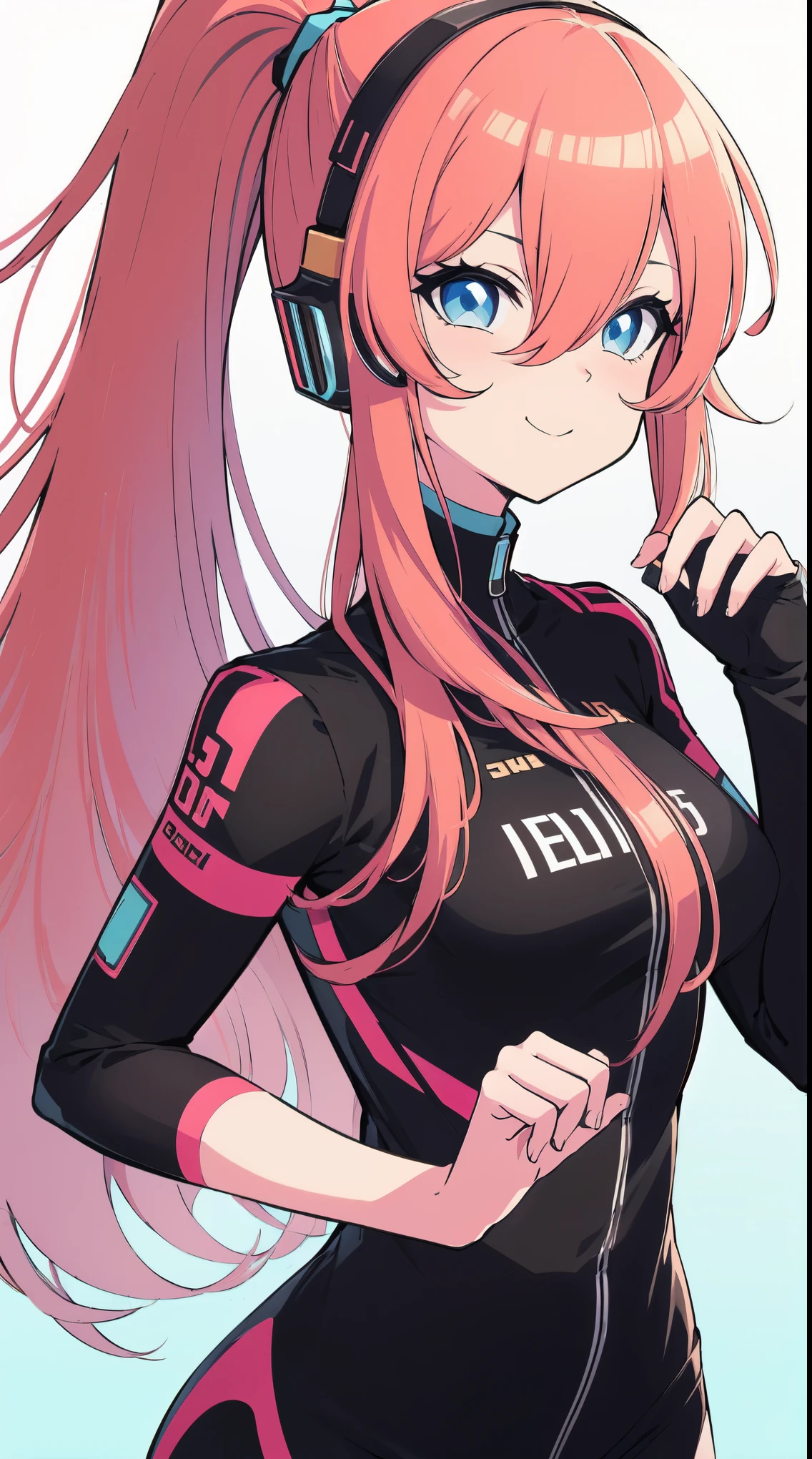 (masterpiece), best quality, (smiling), Luka Megurine, Luka, Vocaloid, (wearing a black and pink racing suit:1.2), Luka Megurine, megurine luka, ponytail, pastel blue eyes, pink long hair, hair between eyes, headphones, beautiful background, (dynamic posing), expressive