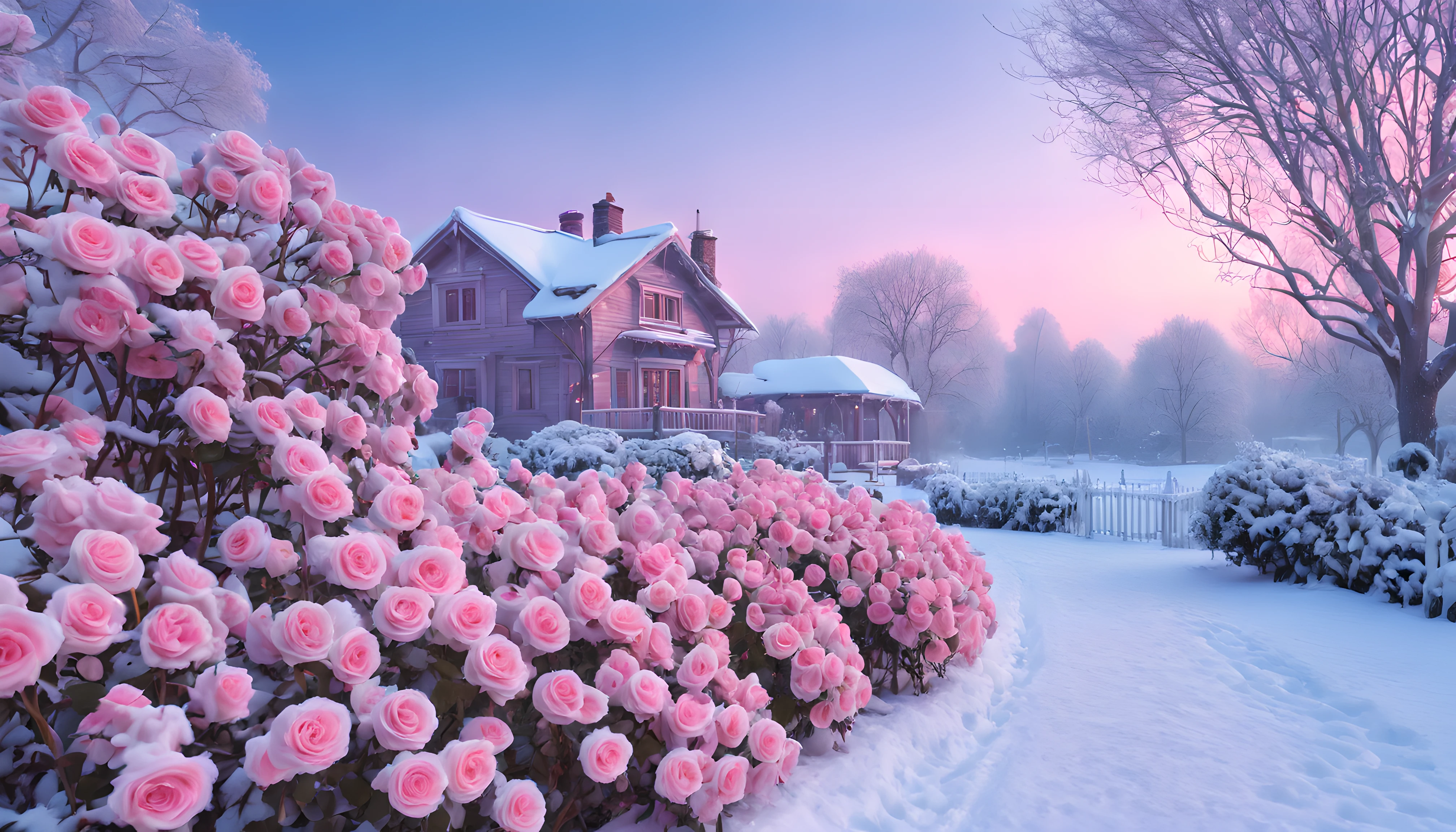 There is a pink rose garden，The background is a house, beautiful winter area, fantasia de cena de inverno, Snowy winter, pink landscape, winter setting, beautiful snowy landscape, Winter wonderland, beautful view, very magical and dreamy, beautiful wallpaper, Nature is really beautiful, winter time, (a true,The landscape,Lots of roses，A rose:1.5)