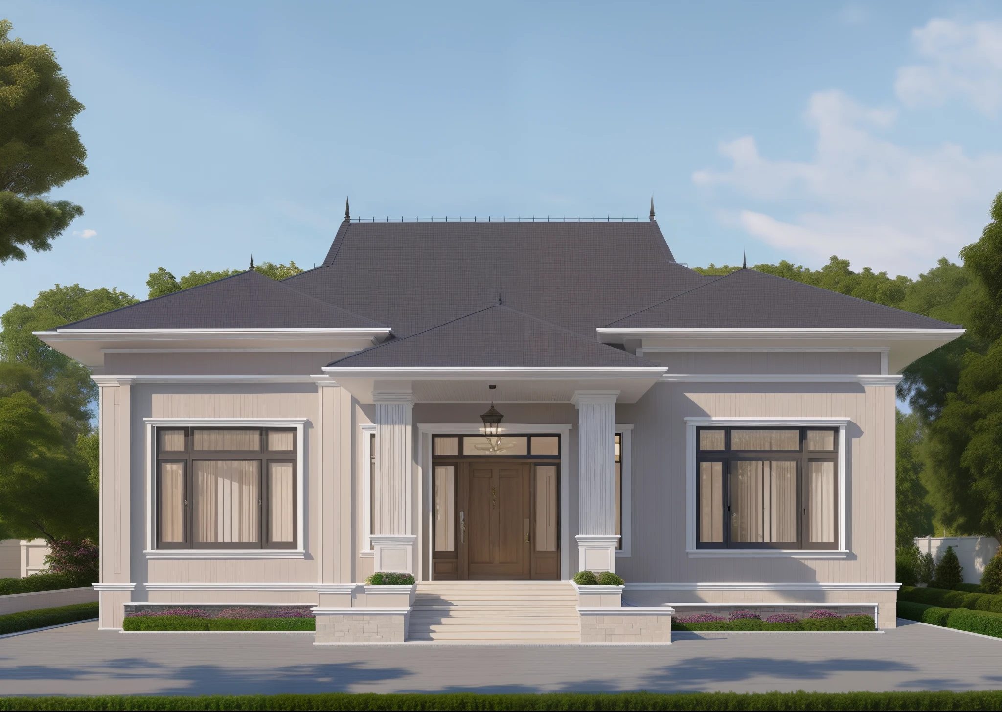 a drawing of a small house with slope roof,  (brightenness:1.3), (morden:1.3)), (road:1.3), large space infront of, detail flower front perspective, frontview, perspective view, wide frontal view, front view, front-view, rendering, elevation view, front elevation view, all white render, sketch - up, frontal view, symmetrical front view, front facing view, front elevation, 3/4 front view, front side view,"A picture showcasing a captivating modern villa, featuring an expansive and well-ventilated yard adorned with vibrant flowers and flourishing trees."(RAW photo), highest quality, (masterpiece:1.2), High detail RAW color photo,  extremely detailed CG unity 8k wallpaper, (photo realism:1.4), (highres),  hyperdetailed, (photorealistic:1.2), (best quality:1.erfect anatomy,  (exterior), model villa, super realistic , 32k