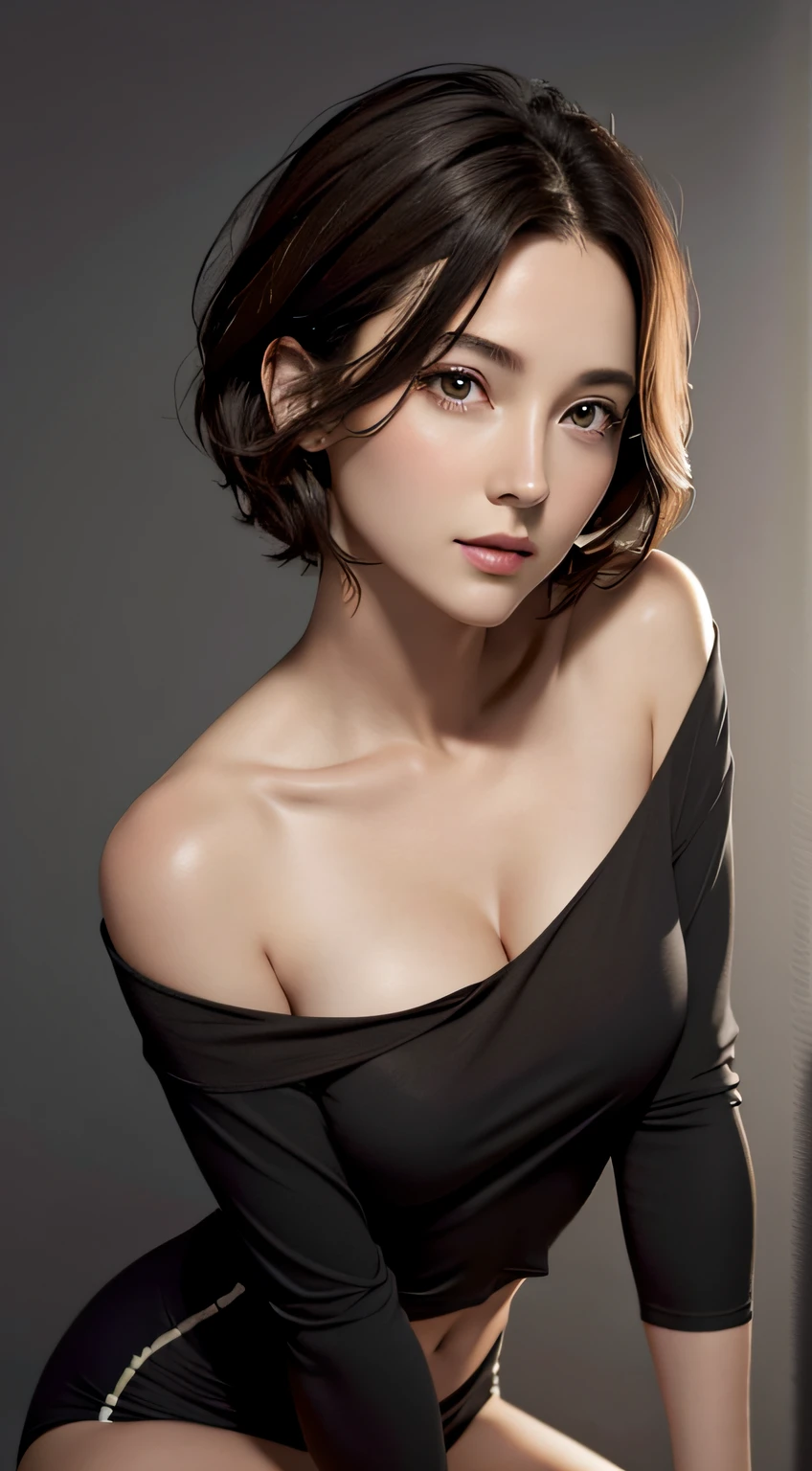 Skin Tight Black Top:1.2, Looking at Viewer, Cinematic lighting, Perfect, softlight, High resolution skin:1.2, Realistic skin texture, 30 years old mature woman、a small face、no-makeup、, off shoulders,Bust B Cup、 Exposed cleavage, Red Eyes, Short hair, dark brown hair、fullnude、Gray background、