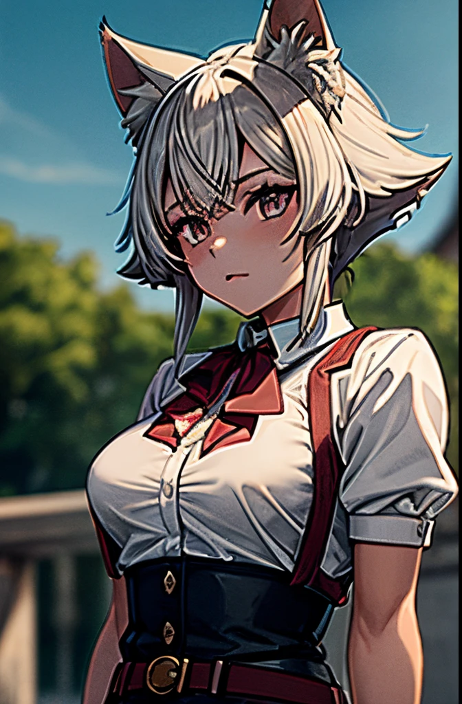 1girl,èŽ‰å¦®äºš,Orejas de gato,cana,pelusa de oreja animal,flequillo,cat girl,ojos rojos,Ahoge,pelo corto,colmillo,pelo entre los ojos,pupilas cortadas, senos grandes, Cola de gato,chaqueta blanca,Camisa blanca,falda plisada,falda roja,belt buckle,bowtie,gargantilla,escote grande,Camisa con cuello,full bodied,mangas largas,Chaqueta abierta,Uniforme escolar,Disparo de vaquero, arms behind back,Mordaza de tela,mouth hold,ropa rasgada, brasier ????? visible
