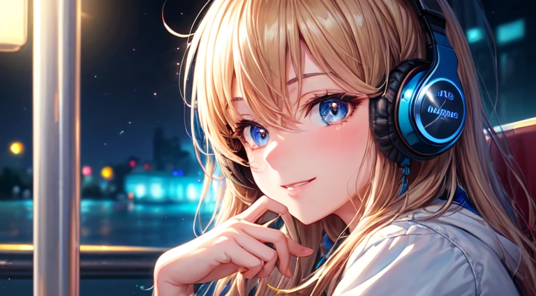 (best quality,masterpiece:1.2),detailed,perfect face,girl listening to music,sitting at a bus stop,holding a phone,2D anime style,illustration,soft lighting,vibrant colors,sparkling ornaments,night,peaceful atmosphere,cozy background,expressive eyes,warm smile,flowing hair,headphones on,bright-eyed,likeable character
