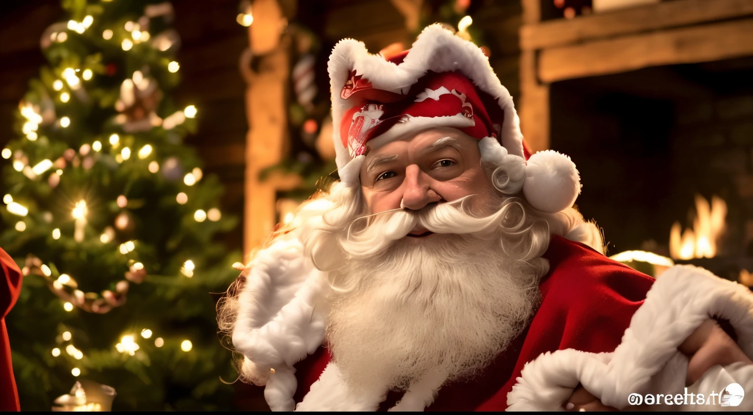 Araff dressed as Santa Claus in front of the Christmas tree, Santa, Santa in a rustic barn, Santa clause, Santa clause,  video screenshot, ultra realistis, netflix, a middle aged elf, A hyper-realistic, 🕹️ 😎 🔫 🤖 🚬, Bright and detailed, still from a live action movie, Santa's Workshop, NBC