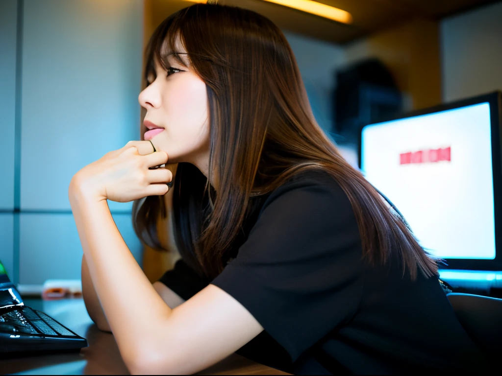 a japanese girl 30-years old Brown straight hair kissing the computer
