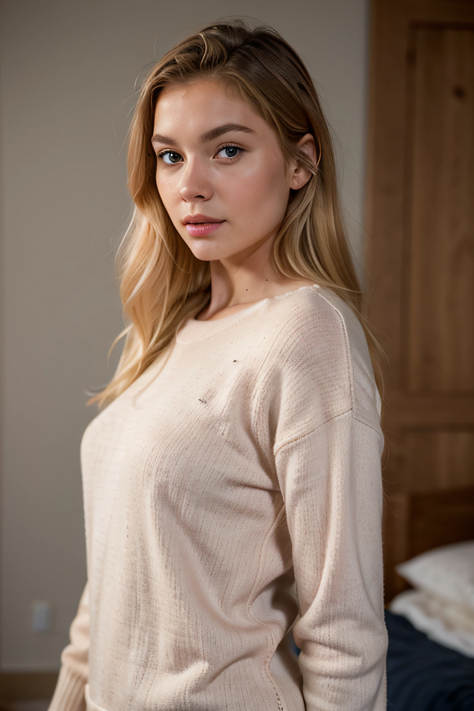 Extremely realistic blonde Russian girl with blonde hair and blue eyes, wearing a pink wool jumper, entire body, pic from the side