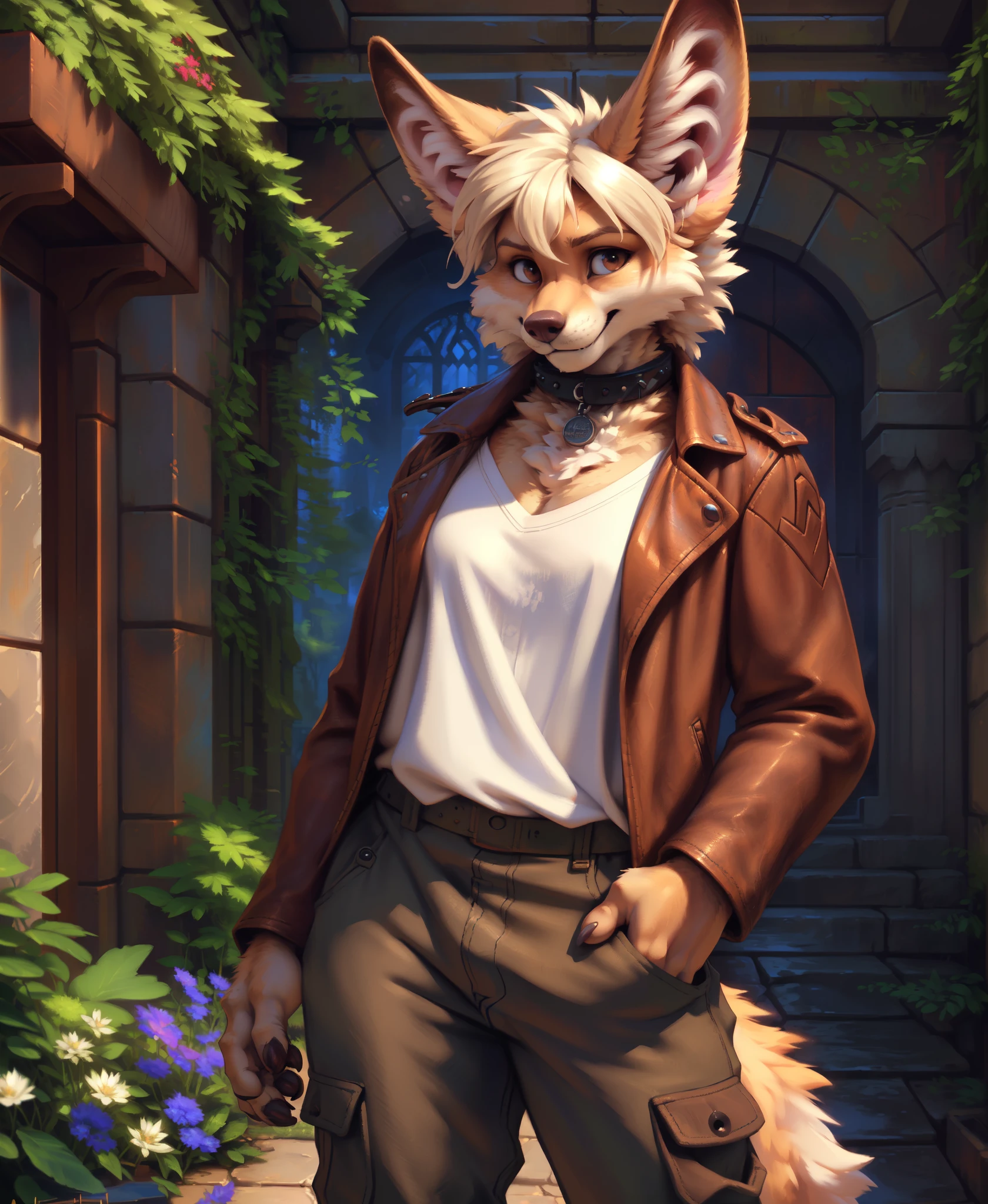 A beautiful female fennec fox, Labyrinth, (aged brown leather jacket, canvas pants, baggy white undershirt, black collar:1.2)
(detailed face, detailed eyes:1.2), stunning gaze, short wavy hair, 
(Stylized anime artwork, masterpiece, best quality, absurdres, P.A. Works style, solo)
by sligarthetiger, by meesh, by avante92, by ashblueflames, by djpuppeh, by personalami, by kenket, by desubox, by gideon, by taran fiddler, by chunie