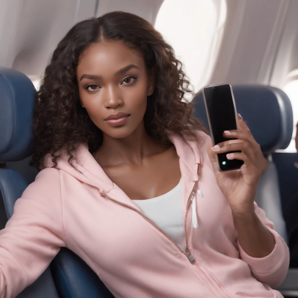 ((Dark African skin, Very deep ebony skin)), ((Its beauty undeniable)), ((Excited cute face)), ((Hyper detailed perfect eyes,)), ((pose mignonne)), ((Langue sortie)), ((Seductive )), sexy, (( Cozy light pink hoodie, Long yoga pant, wearing pink apple AirPods Max headphone)), ((Afro ponytail with long African curly hair,)), (( peau)), ((debout, vue de face)), ((toucher ses propres jambes dans une pose sexy)), ((Sitting inside airplane, traveling, business class, Ville publique, airplane)), Sharp Focus CGI, photoreallistic, High detail, Realstic, Masterpiece, absurdes, Best quality, Hdr, High quality, high-definition, Extremely detailed, 8k wallpaper, Intricate details, 8K UHD, Full-HD, (photo realist:1.2), contraste, intense illumination, lighting cinematic, natural lighting, veilleuse, Nuit, Illumination globale, sitting in airplane, travelling, airplane, watching to tv screen, a la piscine African women、Female sexy、focused face, people, holding water bottle in hand