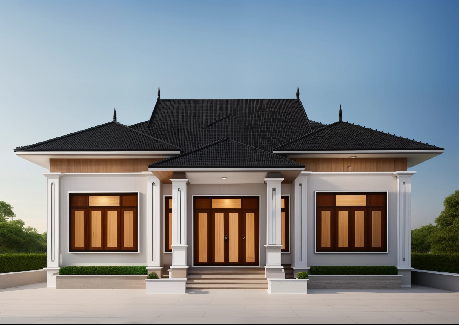 house, (windows with wooden frames and glass panels), wooden doors, dark green tiled roof, white painted walls, white painted moldings, white stone floors, black stone steps, paved courtyard red terracotta bricks, village scene
