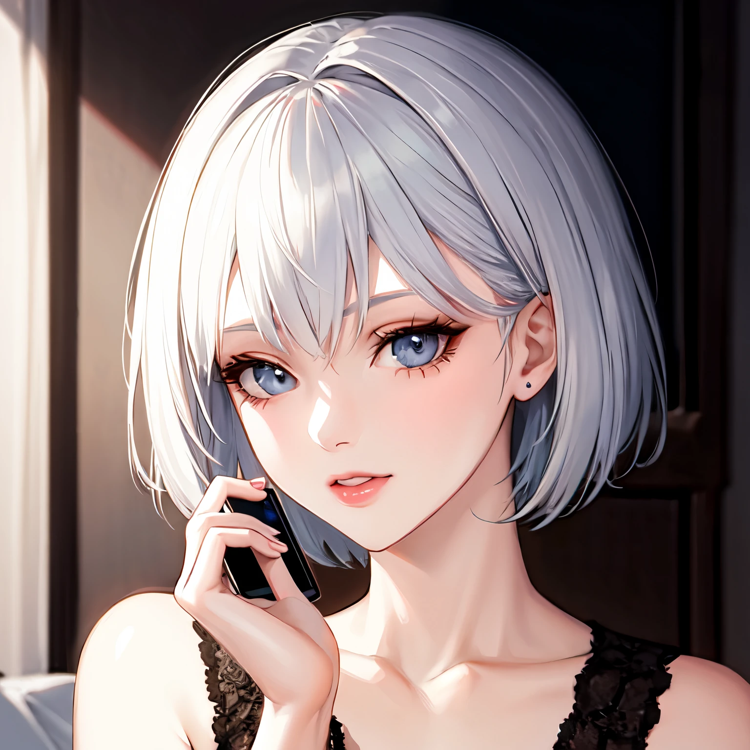 ((best quality)), ((masterpiece)), (detailed), perfect face, girl, white hair, short hair, hold phone in bedroom at night