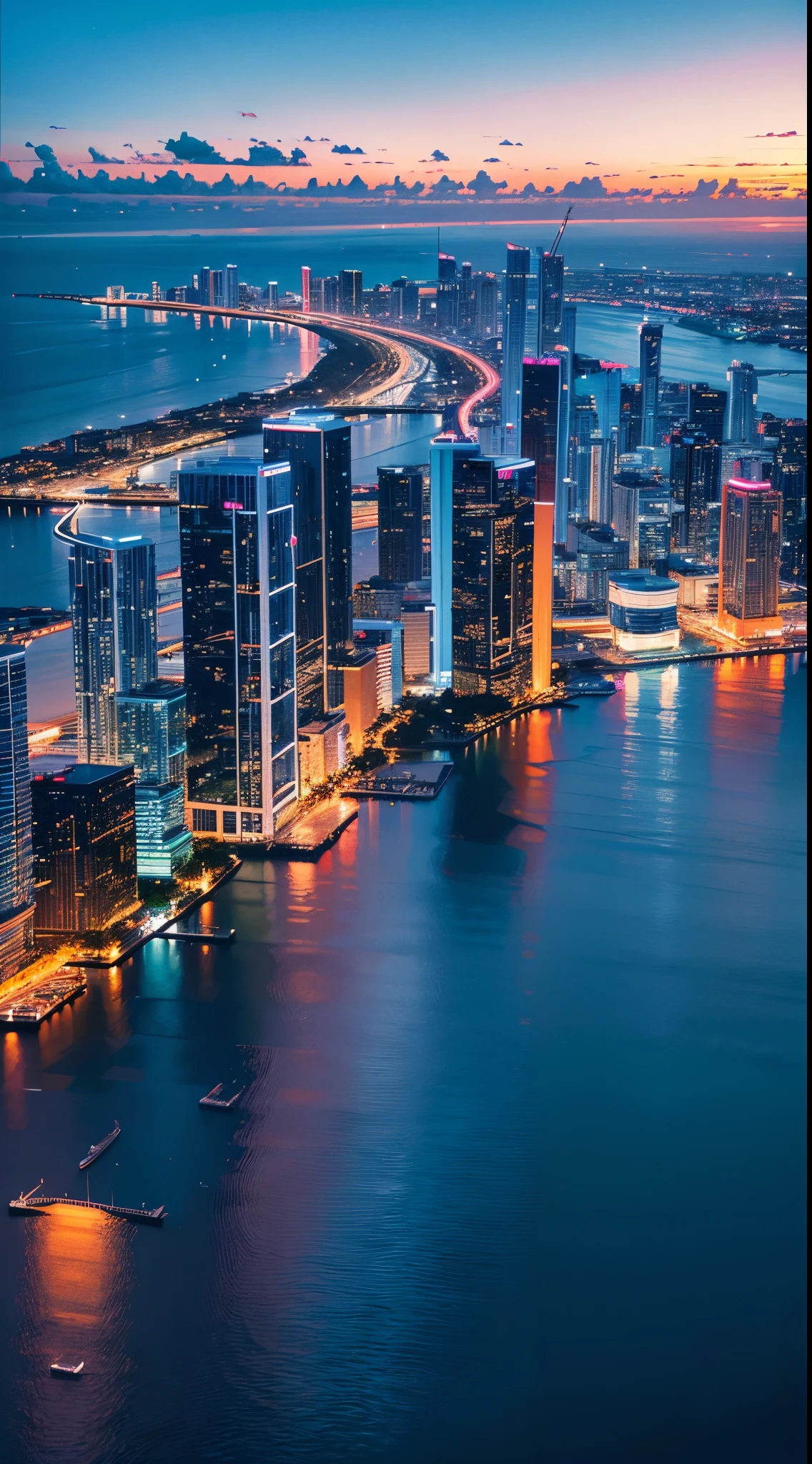 {8k image}, extremely beautiful landscape of miami at dusk, 80s aesthetic, sky with few clouds, neon tones, vivid colors