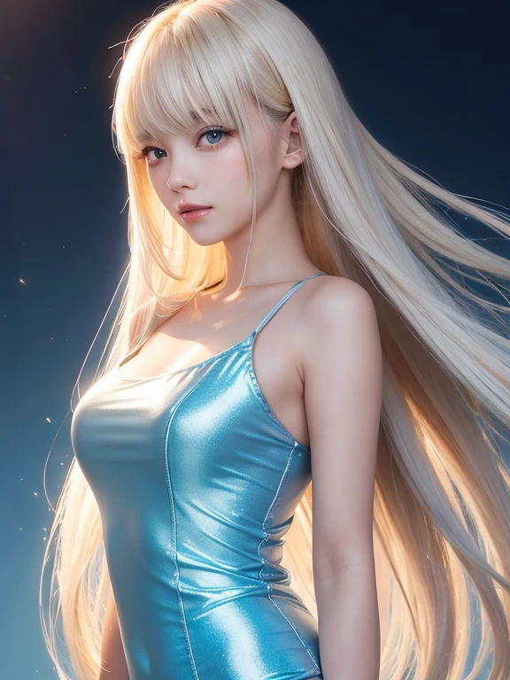 solo girl, 校服, blue-sky, bright and beautiful face, Skin is young, shiny, fair and shiny, best appearance, Golden hair reflects the dazzling light, Beautiful platinum blonde extra long silky straight hair with shiny shine, with long bangs, very beautiful , Big eyes shining with transparent light blue light, beautiful wonderful beautiful girl