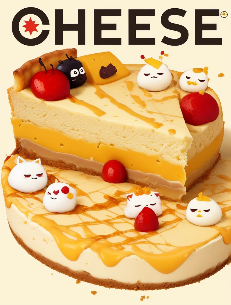 there is a poster with a picture of a cheesecake and a pie, (cheese), cheese revolution, cheese, ❤🔥🍄🌪, by Shinoda Toko, extra cheese, Wang Chen, 🪔 🎨;🌞🌄, (((luke chueh))), 🕹️ 😎 🚬