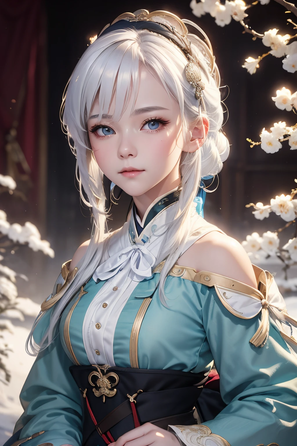 National style，period clothing， girl，white color hair，𝓡𝓸𝓶𝓪𝓷𝓽𝓲𝓬，street frontage，closeup of face，high-definition picture quality，Romantic atmosphere，above the shoulders closeup，The expression is cold