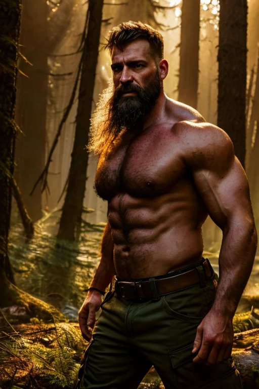 (realistic, high-res),male,brown hair,40 years old,beard, hairy, lumberjacks, pumped chest, full body, cargo pants, oil painting, intense expression, dark background, dramatic lighting, masculine features, open eyes, realistic eyes, forest, nature, sunlight filtering through the trees, shadows, dynamic composition, raw and gritty, authenticity, rugged beauty, atmospheric, textured, compelling, captivating, evocative, cinematic, intense energy, golden hour lighting, sun-kissed, expressive, immersive, larger than life, powerful presence.