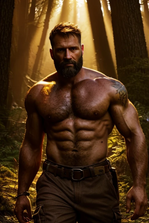 (realistic, high-res),male,brown hair,40 years old,beard, hairy, lumberjacks, pumped chest, full body, cargo pants, oil painting, intense expression, dark background, dramatic lighting, masculine features, open eyes, realistic eyes, forest, nature, sunlight filtering through the trees, shadows, dynamic composition, raw and gritty, authenticity, rugged beauty, atmospheric, textured, compelling, captivating, evocative, cinematic, intense energy, golden hour lighting, sun-kissed, expressive, immersive, larger than life, powerful presence.