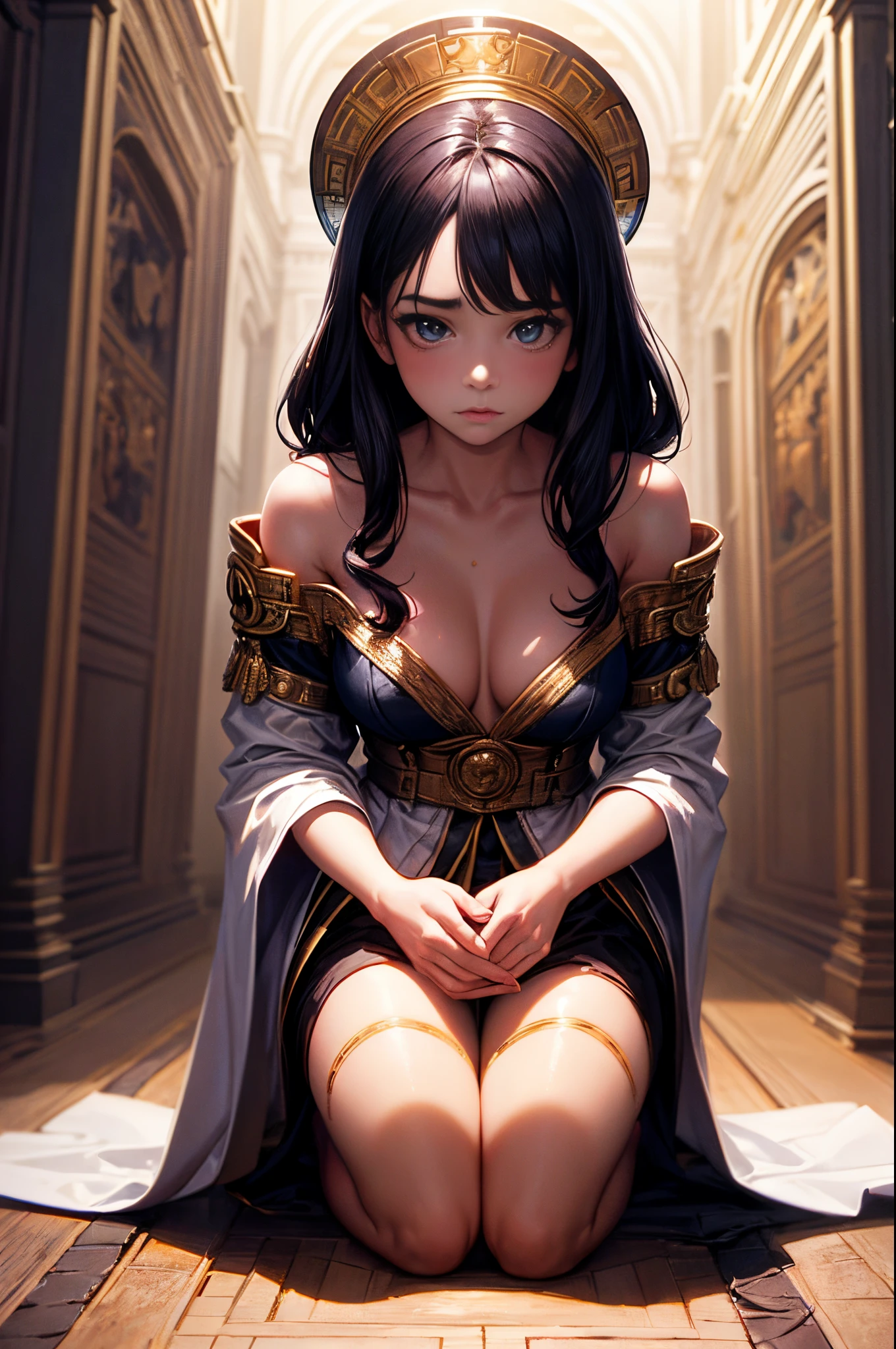 a cute and shy slave girl, kneeling in front of a palace with her robe almost falling from her shoulder, golden ratio, elegant, digital painting, rule of thirds, head shot, by artgerm, james jean, ross tran, conrad roset, takato yomamoto, ilya kuvshinov. 4 k, beautiful, cinematic dramatic atmosphere