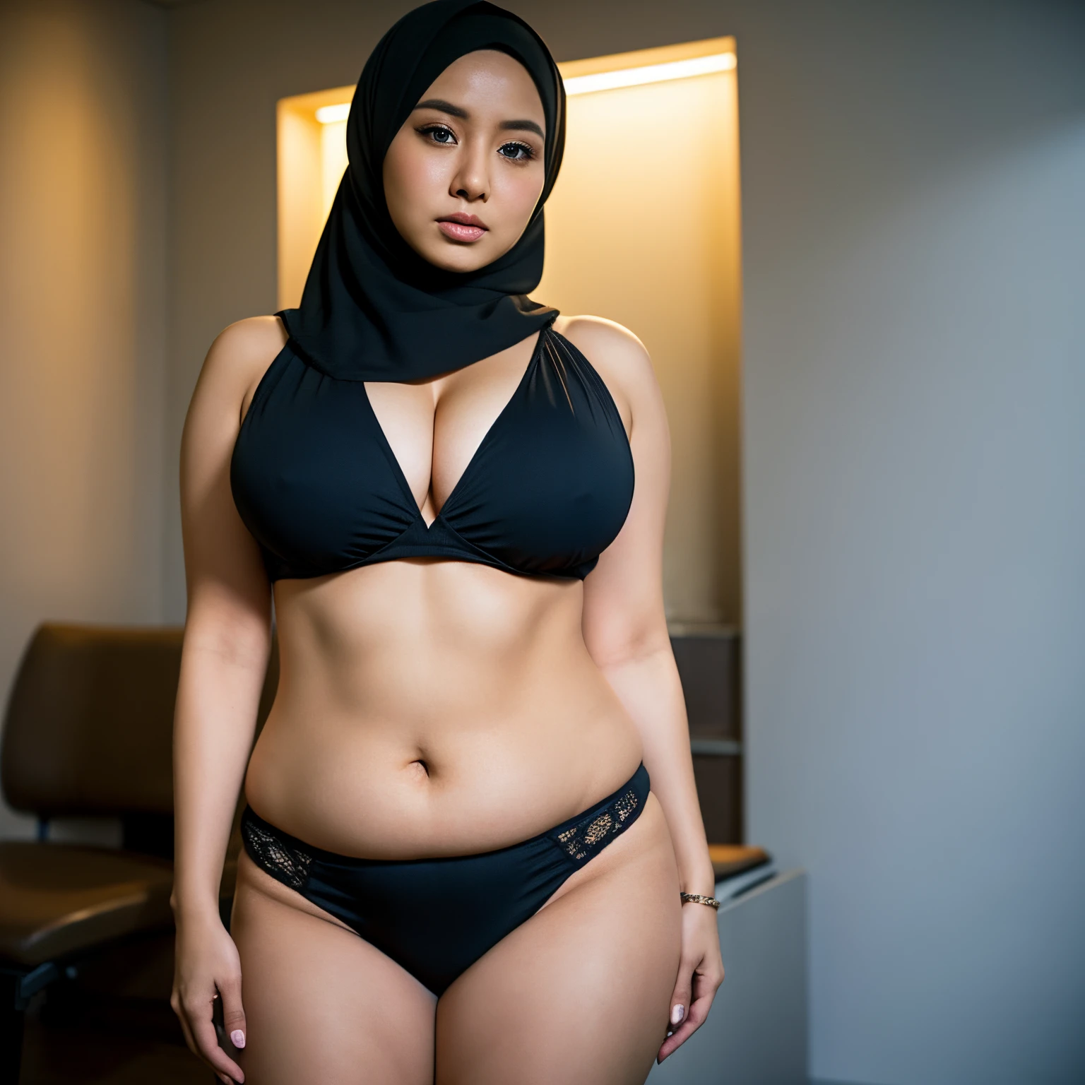 32 years Old, Hijab Indonesian Woman, Big Tits : 16.9, Full body, Curvy body, Bikini, Breast about To burst out, at doctor office, Dark light, at Nighttime
