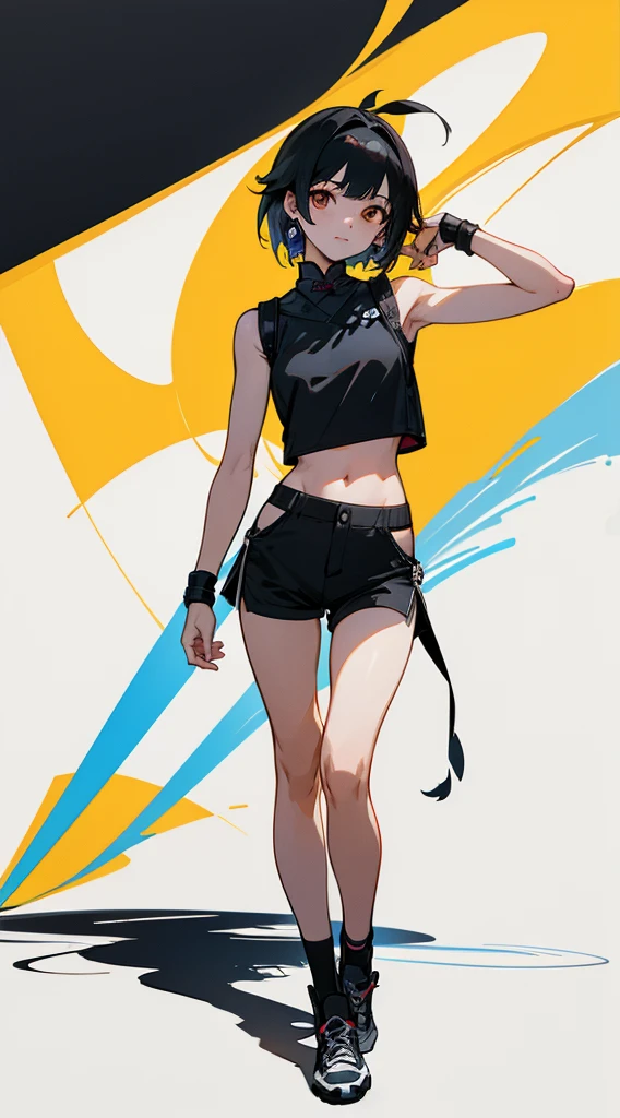 illustration, 2.5D, flat colors: 1.3, Line-Art, black and white, (detailed lights, detailed shadows),a woman in a black top and shorts posing for a picture, full body xianxia, bra and shorts streetwear, sun yunjoo, heonhwa choe, tifa, hana yata, dilraba dilmurat, rin, makoto, photo of slim girl model, full body photoshoot, 奈良美智,((modern clothes )) Looking at the Viewer, looking at the camera,
