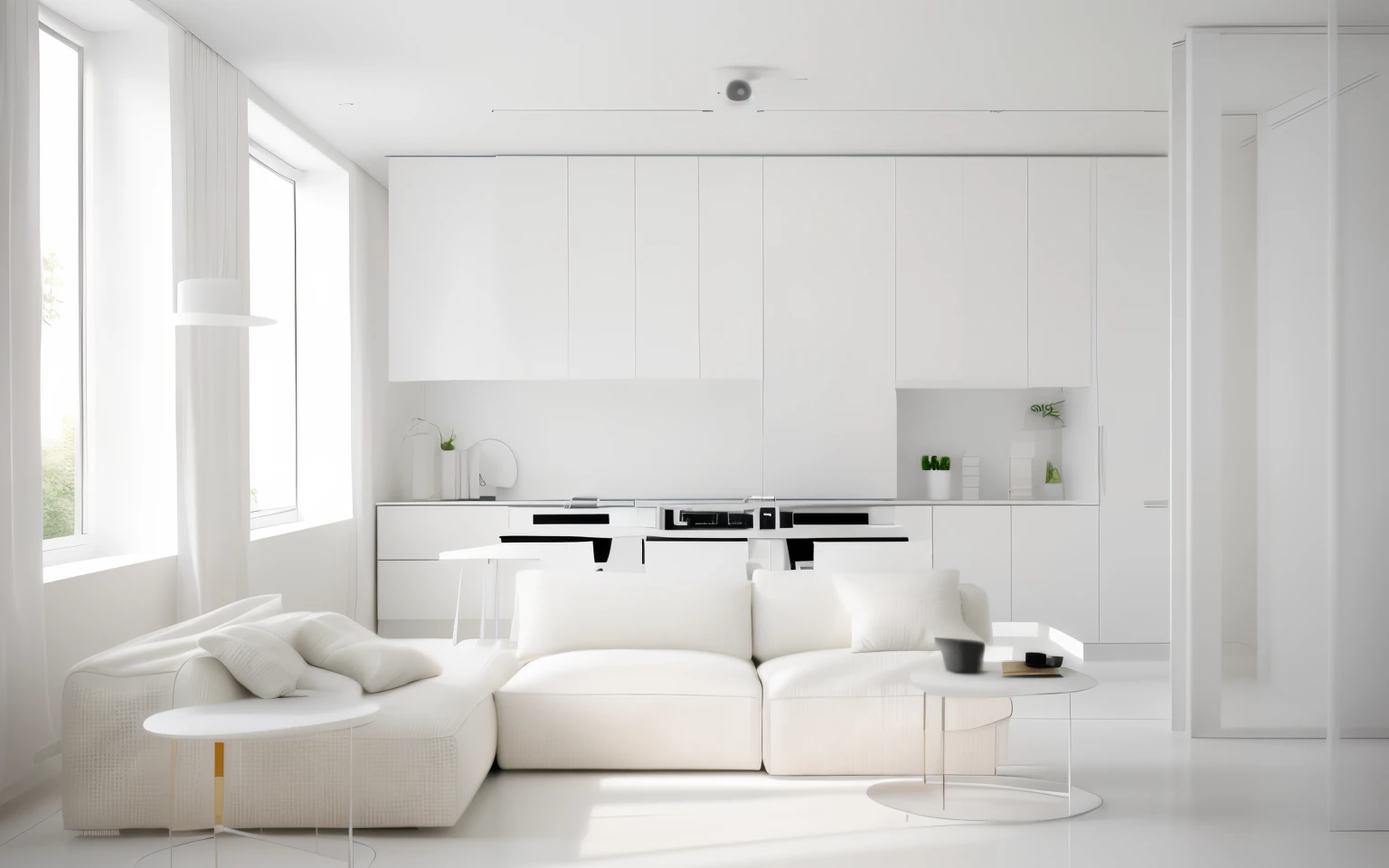 there is a white living room with a sofa and a table, Completely white render, minimalist interior design, Modern minimalism, Modern & Minimalist, White color scheme, white furniture, minimalistic and clean, in style of 3d render, Minimalistic & Beautiful, Vivid render, empty space, surrounding, Modern minimalist design, Minimalist furniture, Minimalist design