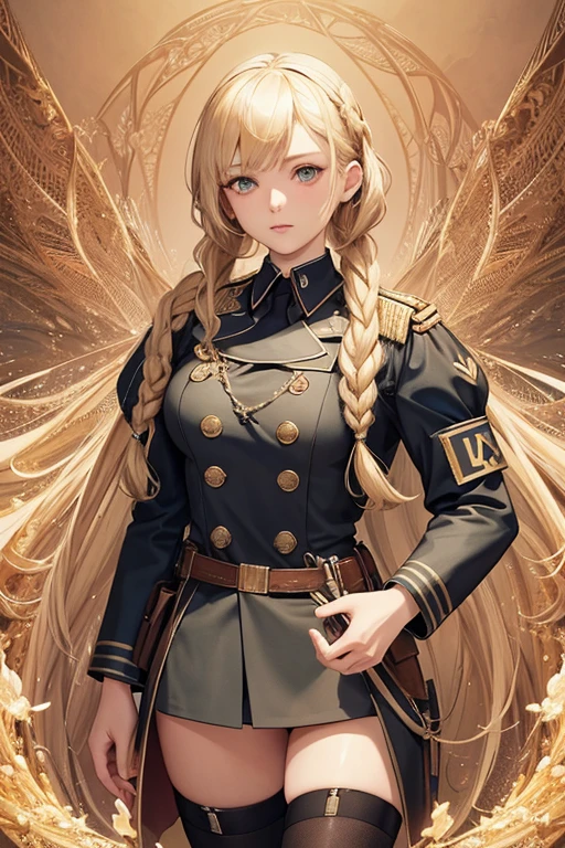 (masterpiece, top quality, best quality, official art, beautiful and aesthetic:1.2), (1girl:1.3), (fractal art:1.3), third reich nazi, ss officer ww2, blond hair, braids,