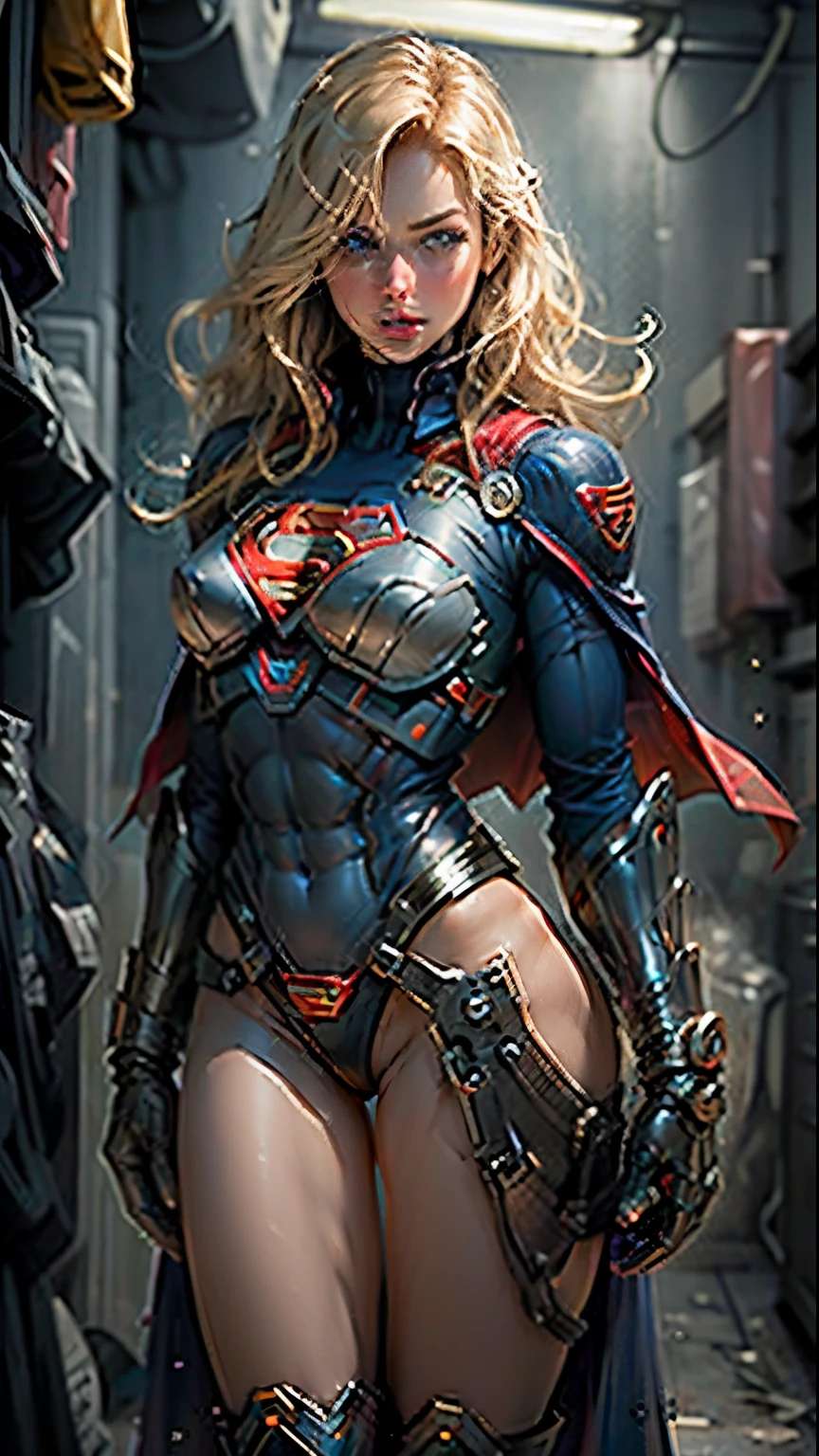 Supergirl (nsfw: 1.3) body set thick thighs cybernetic body parts, short underwear, blonde with blue eyes, superman S symbol on chest,