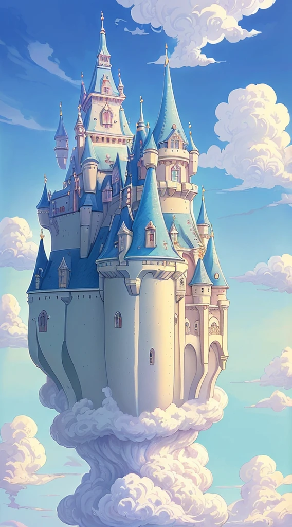 "majestic floating cloud castle, with the (Best quality at best:1.3), (A high resolution:1), (Excellent:1.perfect pubic:1.parfait:1.3), (Detailed pubic hair:1.3) Art from Studio Ghibli."