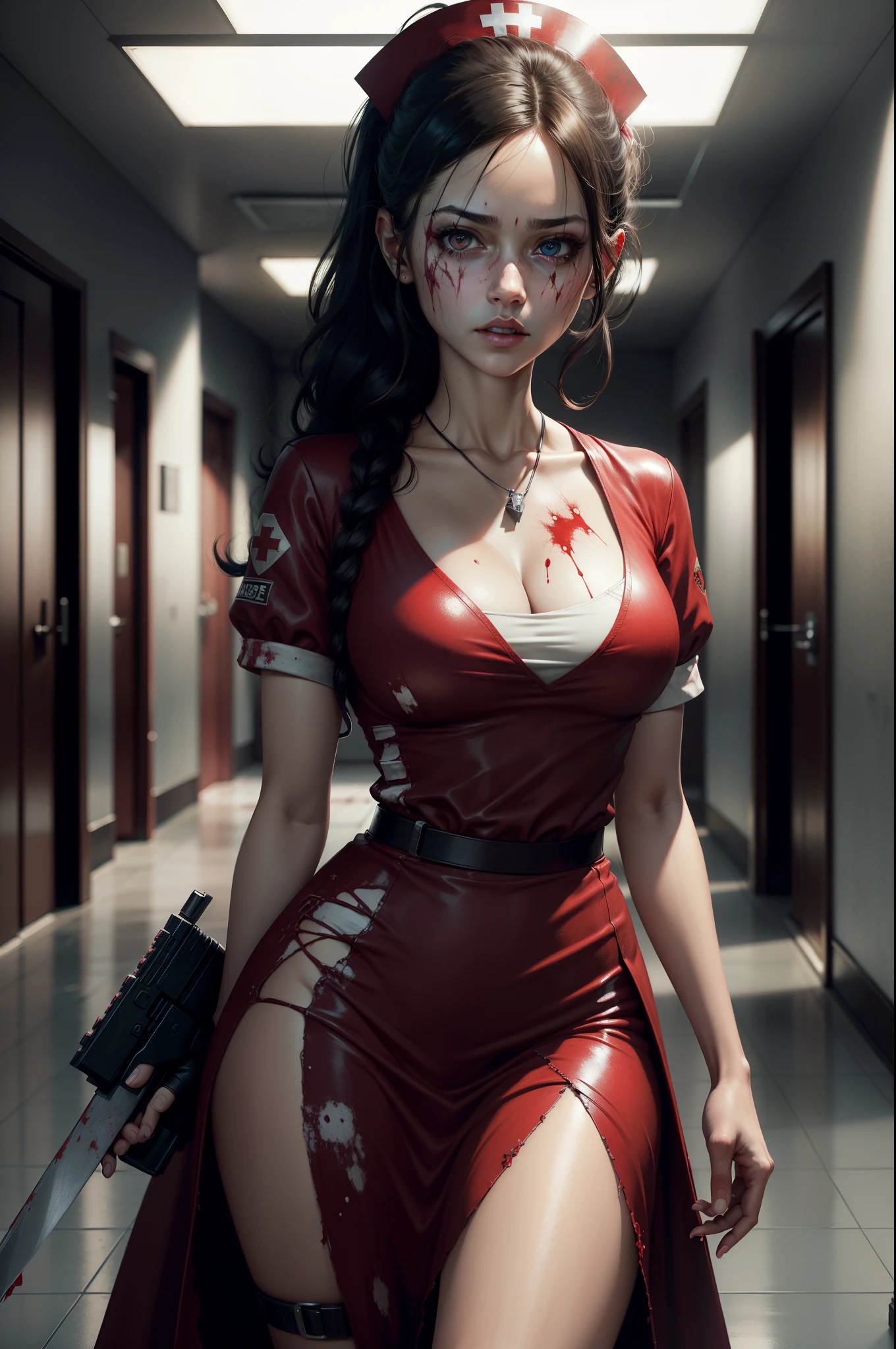 Masterpice, 4k quality resolution, Hyper realistic, k hd,Kizi,Bloody beautiful face,hyper beautiful, hyper big red eyes, Bloodstained clothes,wounded,zombie,nurse's outfit,an empty hallway,hospitals,knife in her hand