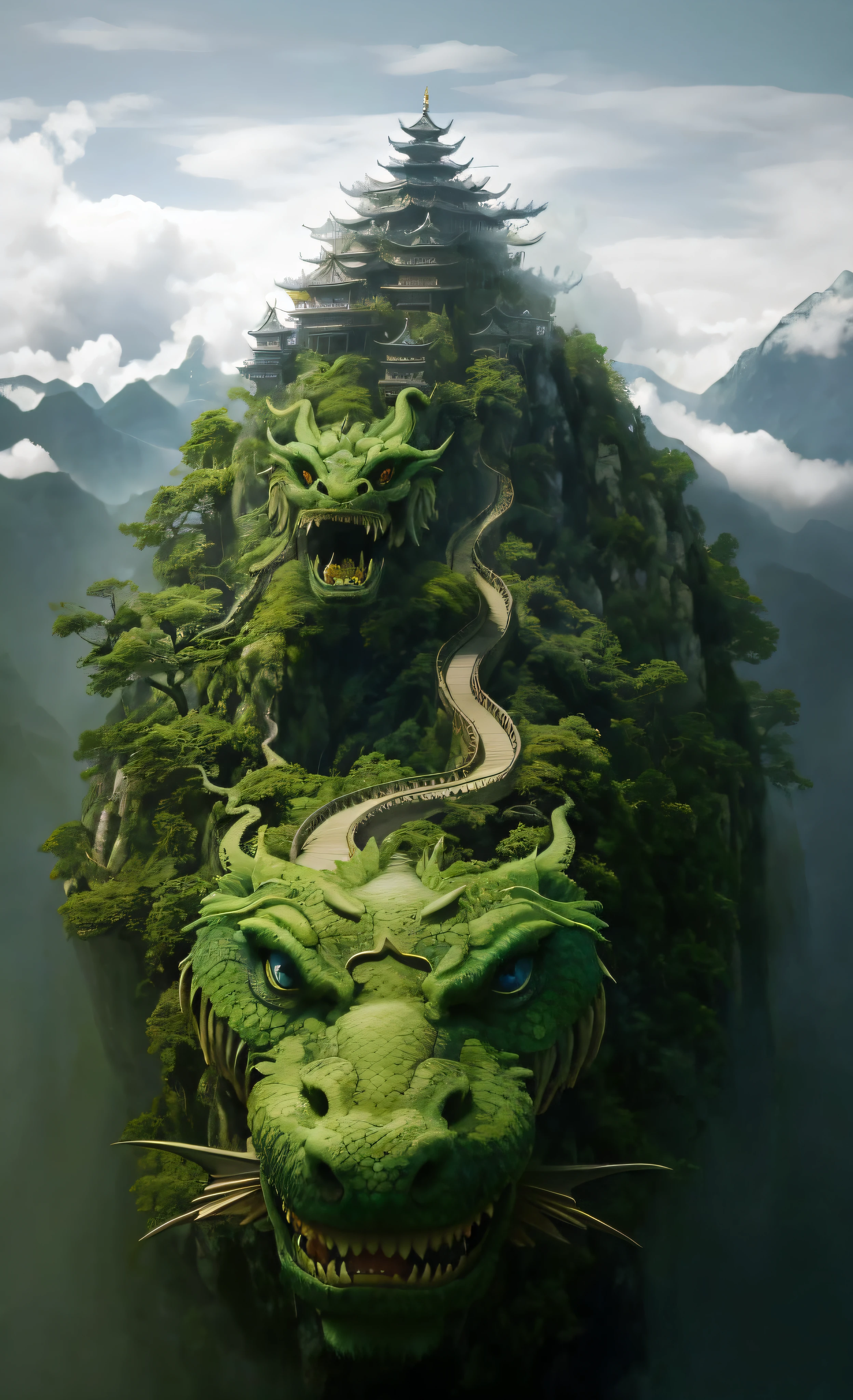Close-up of the dragon'Go to a mountain with a bridge, massive green dragon!!!, Composed of trees and a fantasy valley, chinese dragon concept art, Green Dragon, chinese fantasy, Highly detailed and ultra-realistic visuals, 3D rendering and cropping, wide angle fantasy art, Detailed digital 3D art, Extremely detailed digital art, Realistic fantasy rendering,atmospheric pressure,Auspicious clouds ,gossip