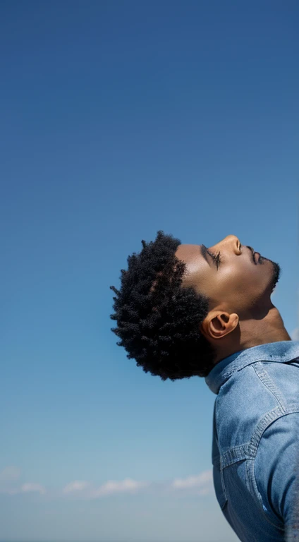 Rear view of a black man looking up at the sky on dry land