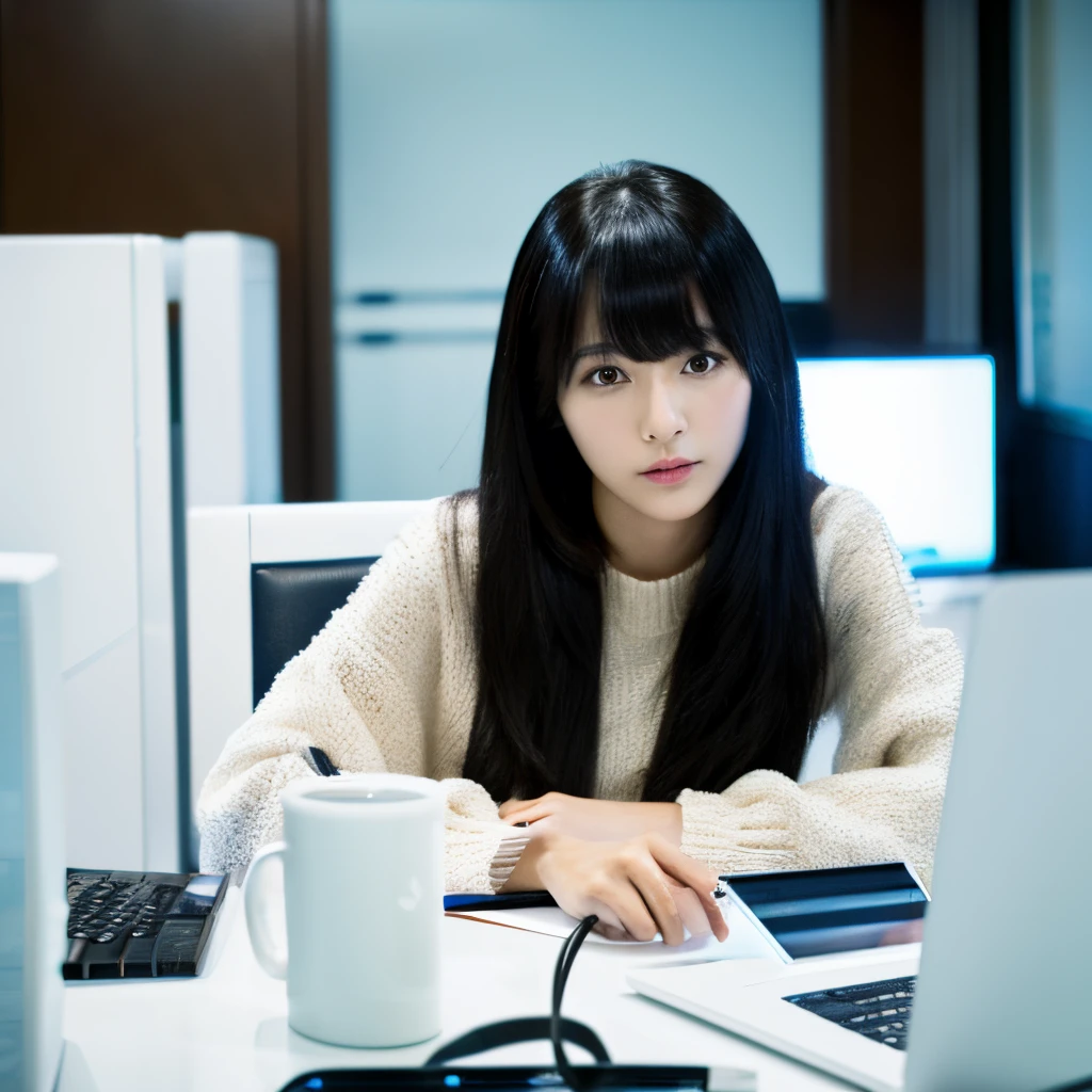 A mannequin resembling a 31-year-old Japanese woman(Very fair-skinned Wearing long sleeves Black hair straight Bangs Patsun)But、1sleeping next to the computer on the table