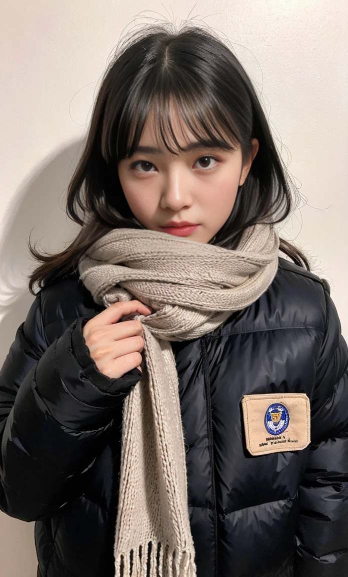 ulzzang -6500-v1.1, (Raw foto:1.2), (Photorealsitic:1.4), a beautiful detailed girl, extremely detailed eye and face, beatiful detailed eyes, Ridiculous, unbelievable Ridiculous, huge filesize, ultra-detailliert, hight resolution, ighly detailed, top-quality, masterpiece, Kemomimi, ((bury your face in your scarf)), (((Japan schoolgirl uniform))), ((black puffy down jacket)), illustratio, ighly detailed, nffsw, unification, 8k wallpaper, astonishing, finely detail, masterpiece, top-quality, Highly detailed ticker uniform 8K wallpaper, face lights、Cinematographic lighting、1girl in、、(No panties ULL BODYSHOT))