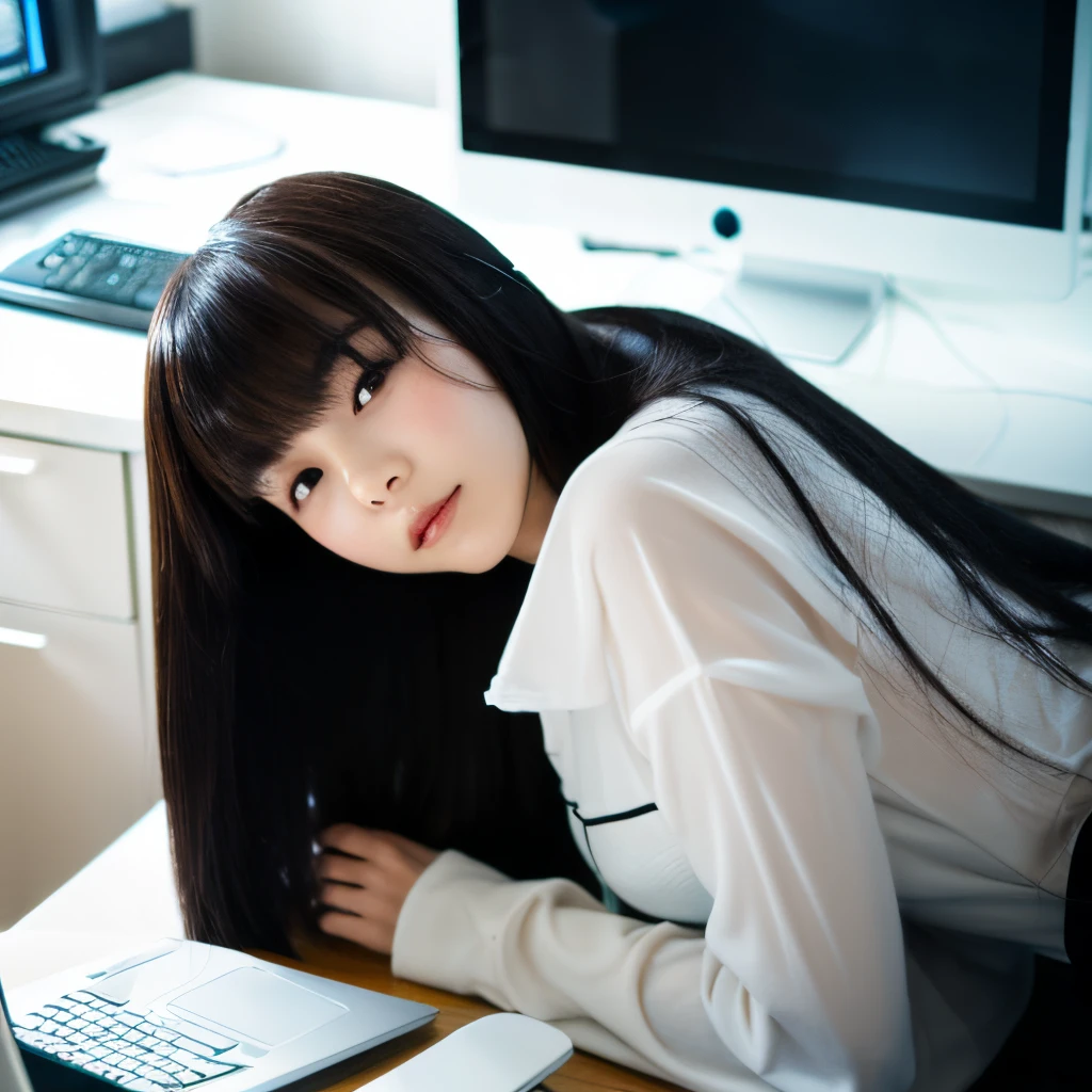 A mannequin resembling a 30-year-old Japanese woman(light skinned Wearing long sleeves Black hair straight Bangs Patsun)But、1sleeping next to the computer on the table