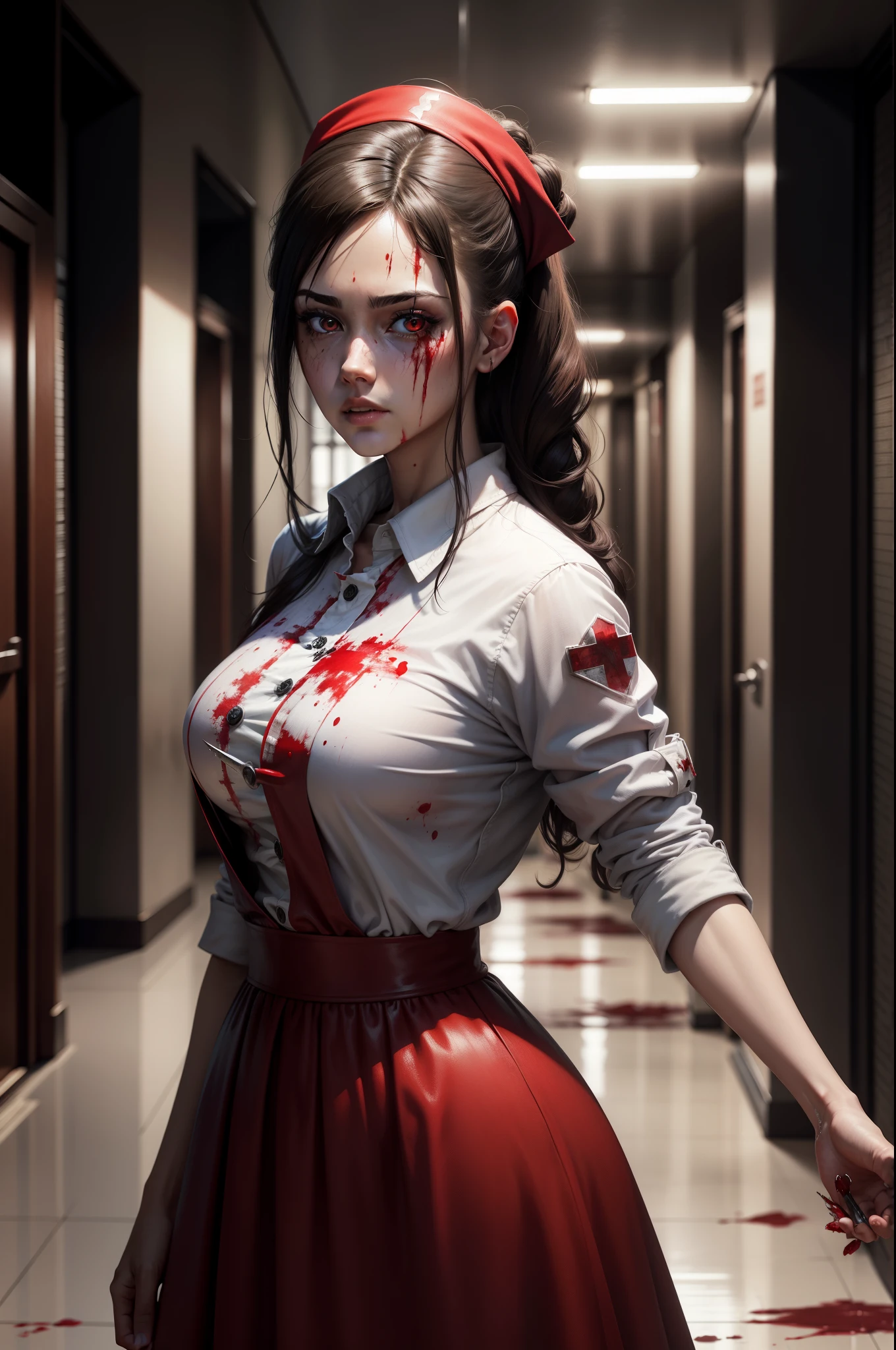 k hd，Kizi，Bloody face，bloodstained clothes，wounded，zombie，nurse's outfit，an empty hallway，hospitals，Biting marks，Scratched clothing，Damaged clothes，White nurse's cap