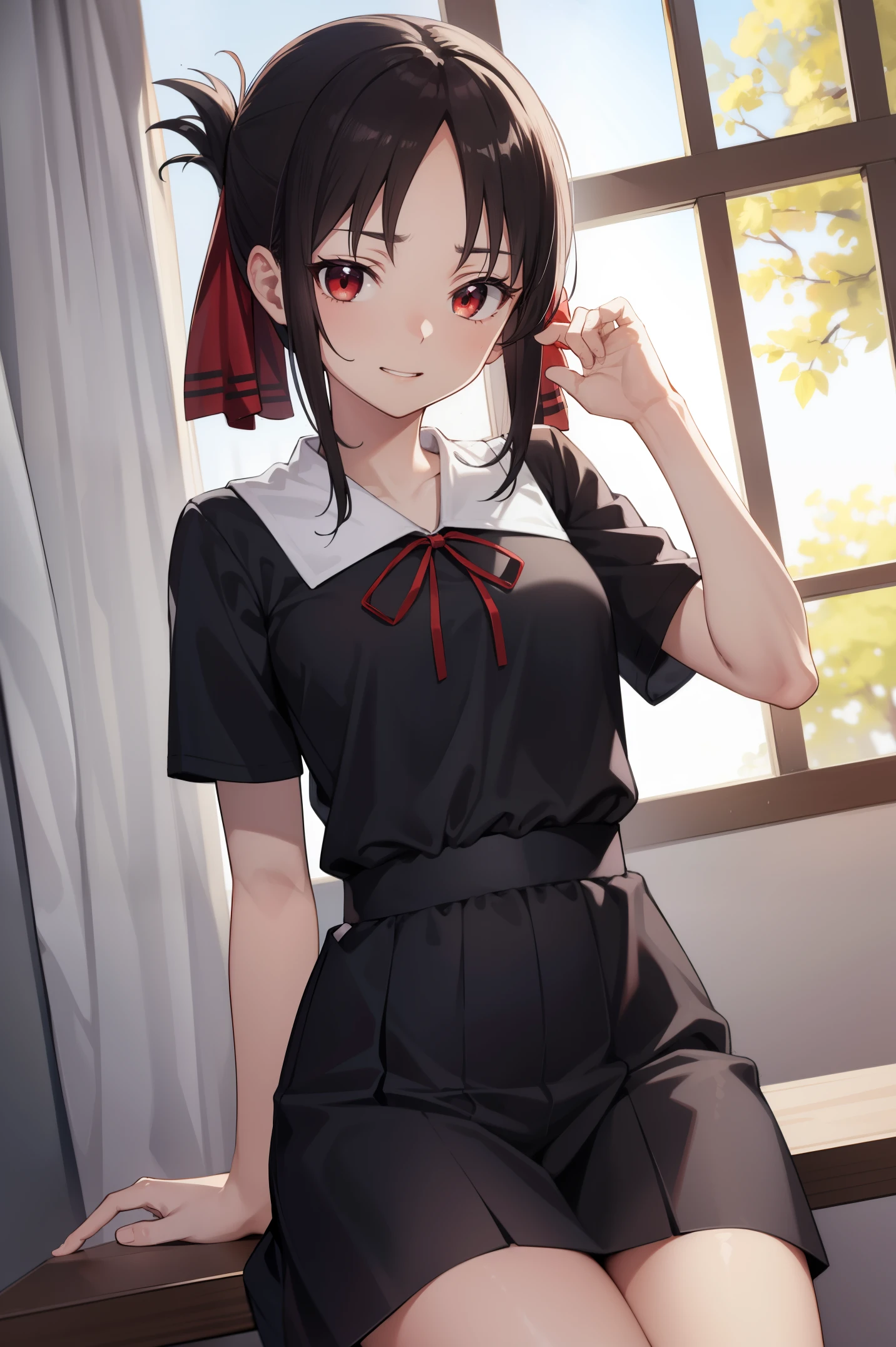 kaguyashinomiya, kaguya shinomiya, folded ponytail, forehead, hair ribbon, (red eyes), red ribbon, ribbon, short hair, sidelocks,
BREAK black dress, dress, pinafore dress, school uniform, shirt, short sleeves, shuuchiin academy school uniform, white shirt,sitting,cowboy shot,
BREAK evil smile,looking down,black hair,
BREAK indoors, classroom,
BREAK (masterpiece:1.2), best quality, high resolution, unity 8k wallpaper, (illustration:0.8), (beautiful detailed eyes), extremely detailed face, perfect lighting, extremely detailed CG, (perfect hands, perfect anatomy),