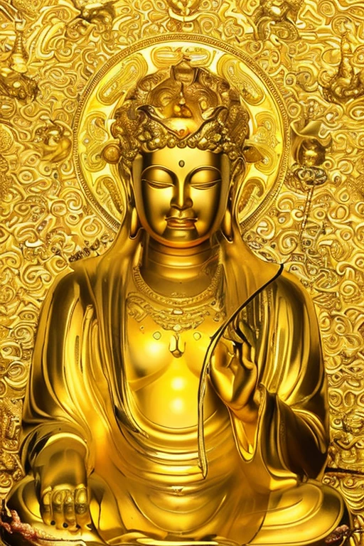 Highly detailed portrait of a huge golden Buddha with a halo of the sun god，golden colored，unrealengine，The art of Mark Ryden，Lost fish，Earl Nolen，globalillumination，godrays，Detailed and complex environment ring styles