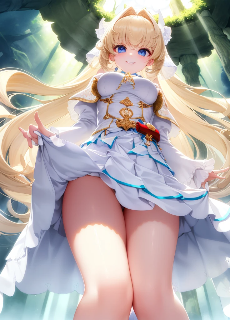 (Extremely delicate and delicate touch:1.2), (natural soft light, sun light, llight rays, Dappled light, Ray traching:1.2),Thunder and lightning general , tmasterpiece, Best quality at best, high high quality , Mr Krhr-KJ, jaket , plaid skirts , Red Belt , 校服 , long whitr hair , upper legs , Thigh thick:1.2) ,  (from below:1.4) , (skirt lift:1.4) , white colors , (lusty  smile:1.3) , (shooting:1.3) , (The large:1.2) , eBlue eyes
