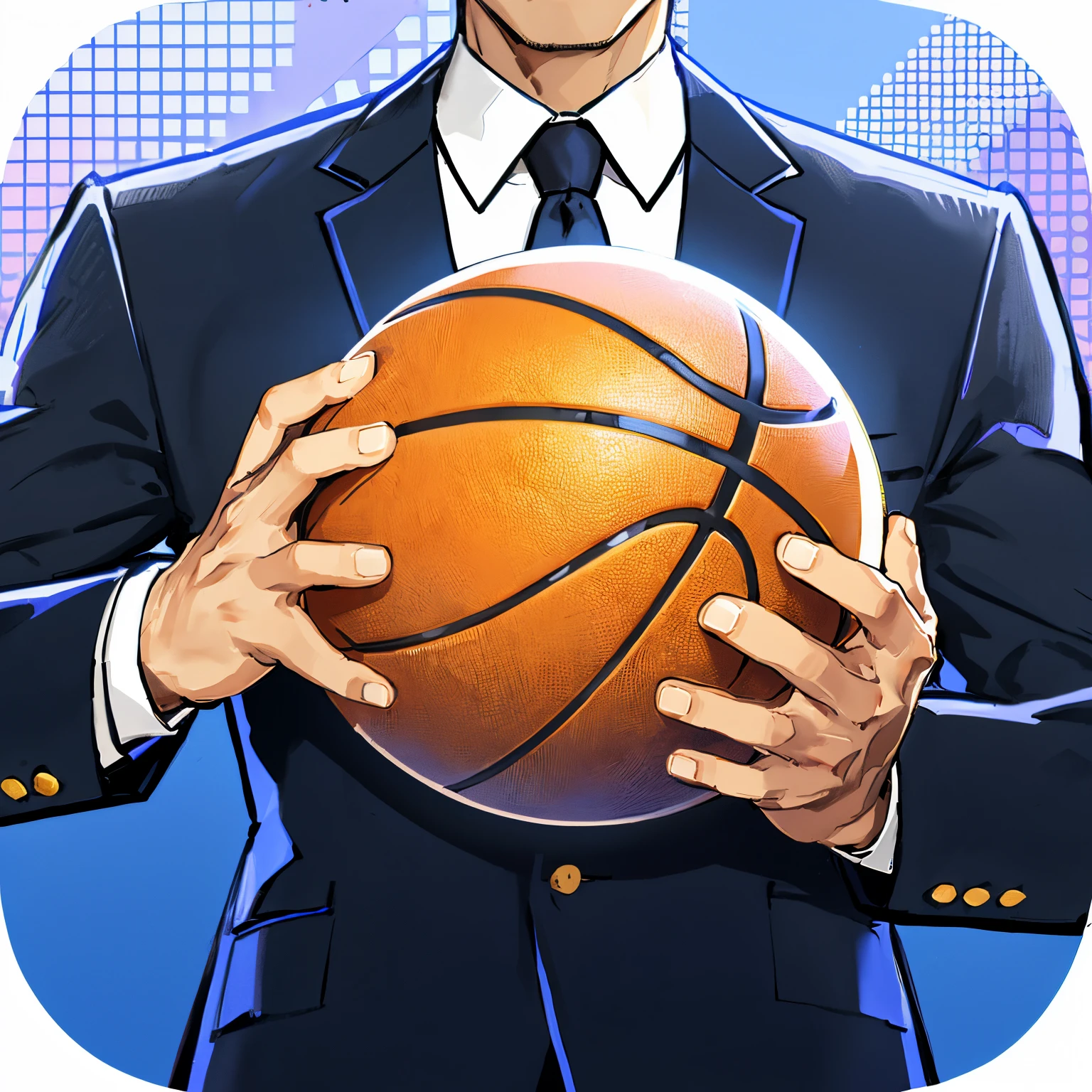 Wear a suit,Hold the ball in both hands,Hold the basketball,Positive perspective,Handsome,realisticlying,(tmasterpiece,quality,Best quality at best,offcial art),The is very detailed,Colorful,Most detailed,,Handsome men,