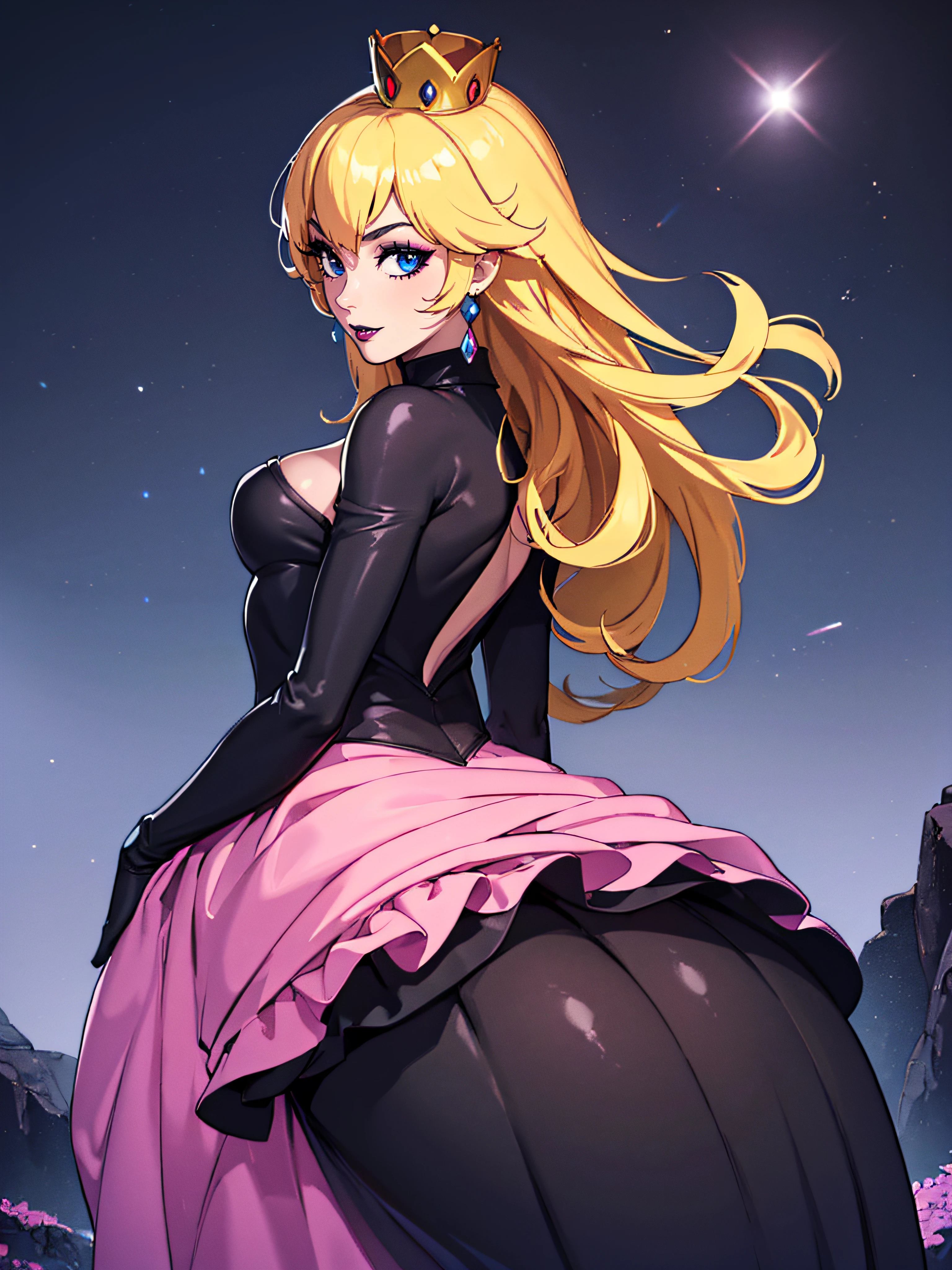 ((high detailed, best quality, 4k, masterpiece, hd:1.3)), Princess Peach, blue eyes, BREAK blue eyes, seductive, attractive, sexy smile, smiling, smooth anime cg art, 34C breasts, long legs, vivid colors, detailed digital art, slim body, perfect skin, blonde hair, hair over one eye, long hair, BREAK crown, cleavage, 34C cleavage, looking at viewer, BREAK looking at viewer, extremely detailed face, pink dress, sexy pink dress, evening pink dress, earrings, jewelry, gem, dark black makeup lips, dark gothic eyeshadows, dark eyeshadows, black eyeshadows, black sexy lips, black lips, (dark:1.2), dark lips, very dark lips, (perfect hands, perfect anatomy), black makeup, black medium lips, black thick lips, detailed fingers, five fingers per hand, 5 fingers, (1 girl), detailed lips, detailed black lips, black painted lips, gothic painted lips, BREAK night, night sky, sky, star \(sky\), star \(symbol\), space, sun, (breast focus), (arms behind back:1.2), (from below:1.1), (breasts out:1.3), (off shoulder:1.1), (((With your back turned:1.5, Looking Back Pose))), ((Looking back)), (from behind: 1.1)